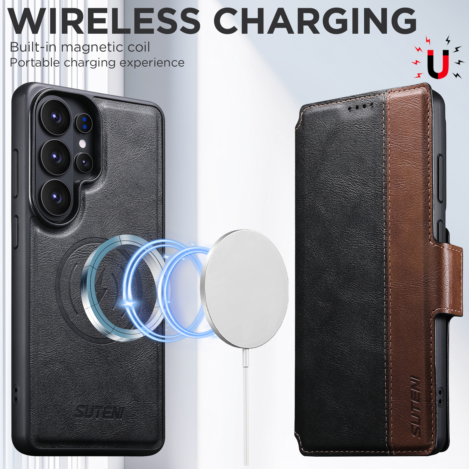 SUTENI Q07 Faux Leather Wireless Charging Card Holder Stand Wallet Magnetic Flip Cover Phone Case For Samsung Galaxy S26 Ultra S25 S24 S23 S22