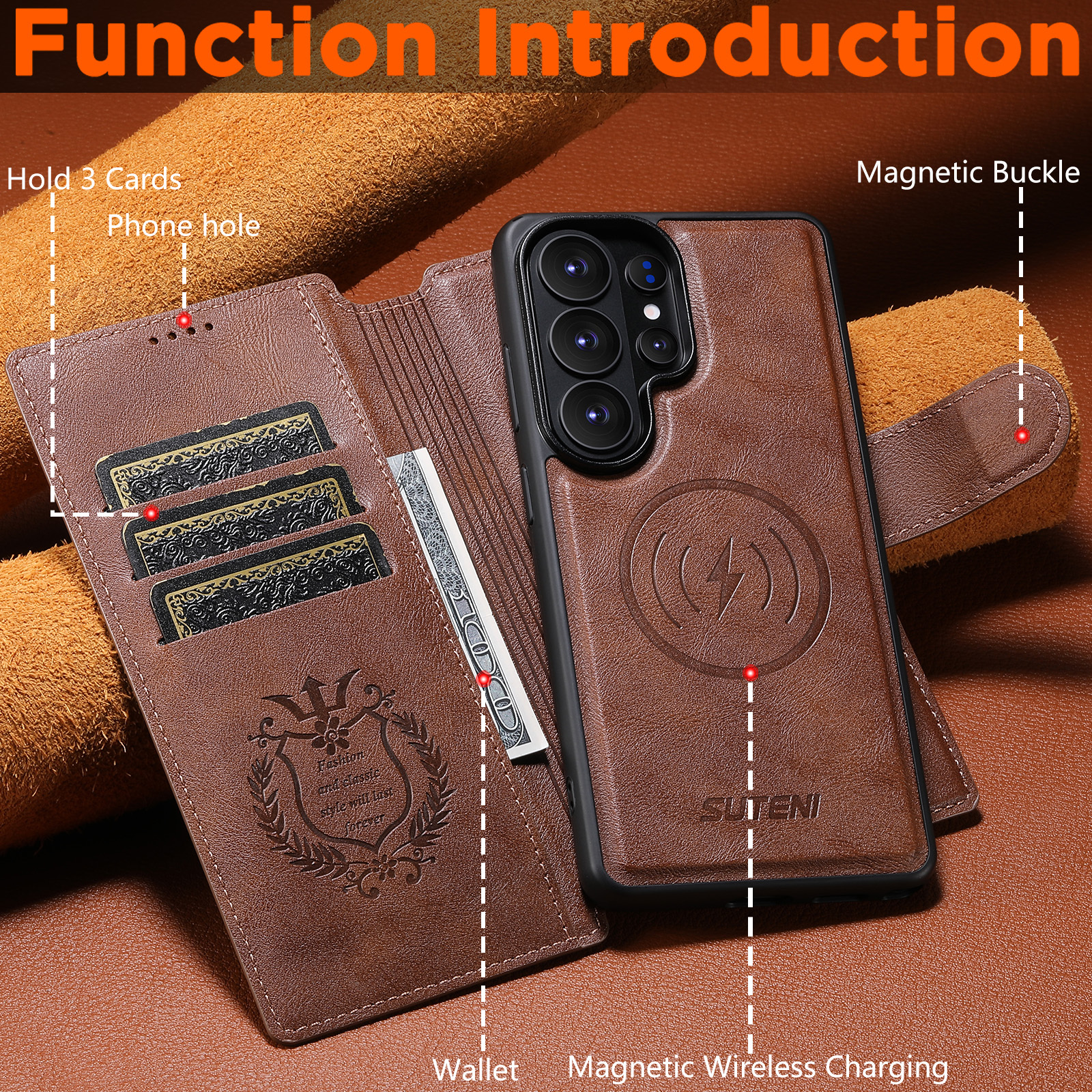 SUTENI Q05 Faux Leather Wireless Charging Card Holder Stand Wallet Magnetic Flip Cover Phone Case For Samsung Galaxy S26 Ultra S25 S24 S23 S22