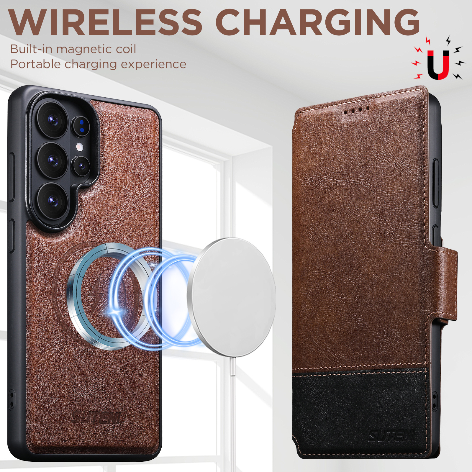 SUTENI Q06 Faux Leather Wireless Charging Card Holder Stand Wallet Magnetic Flip Cover Phone Case For Samsung Galaxy S26 Ultra S25 S24 S23 S22