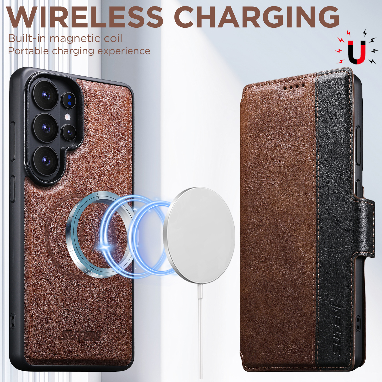 SUTENI Q07 Faux Leather Wireless Charging Card Holder Stand Wallet Magnetic Flip Cover Phone Case For Samsung Galaxy S26 Ultra S25 S24 S23 S22