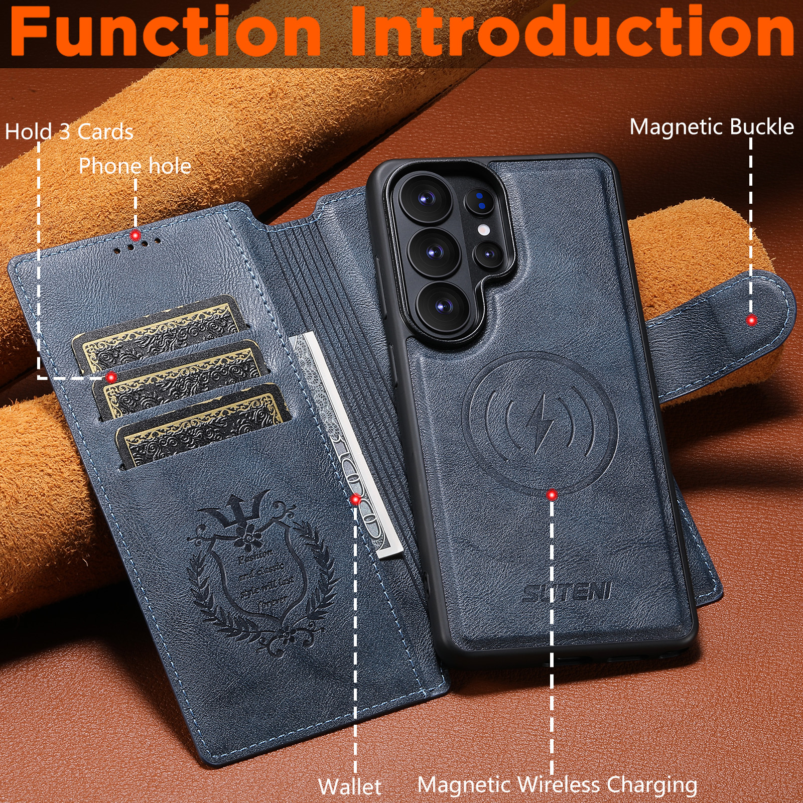 SUTENI Q05 Faux Leather Wireless Charging Card Holder Stand Wallet Magnetic Flip Cover Phone Case For Samsung Galaxy S26 Ultra S25 S24 S23 S22