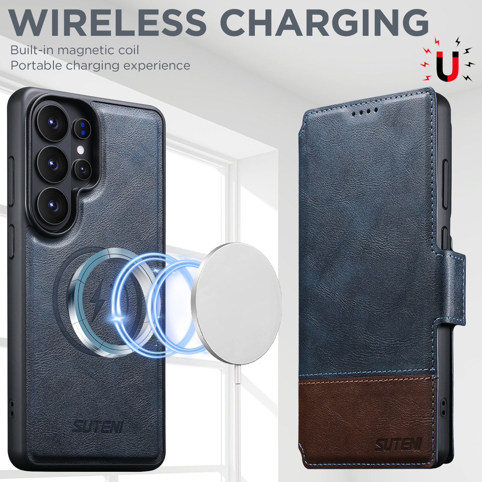 SUTENI Q06 Faux Leather Wireless Charging Card Holder Stand Wallet Magnetic Flip Cover Phone Case For Samsung Galaxy S26 Ultra S25 S24 S23 S22