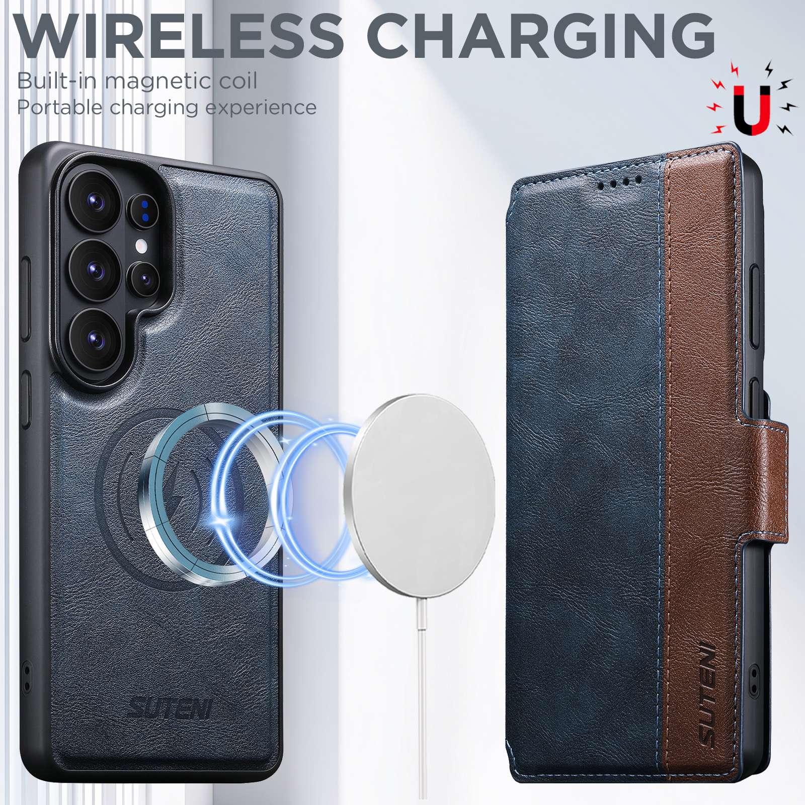 SUTENI Q07 Faux Leather Wireless Charging Card Holder Stand Wallet Magnetic Flip Cover Phone Case For Samsung Galaxy S26 Ultra S25 S24 S23 S22