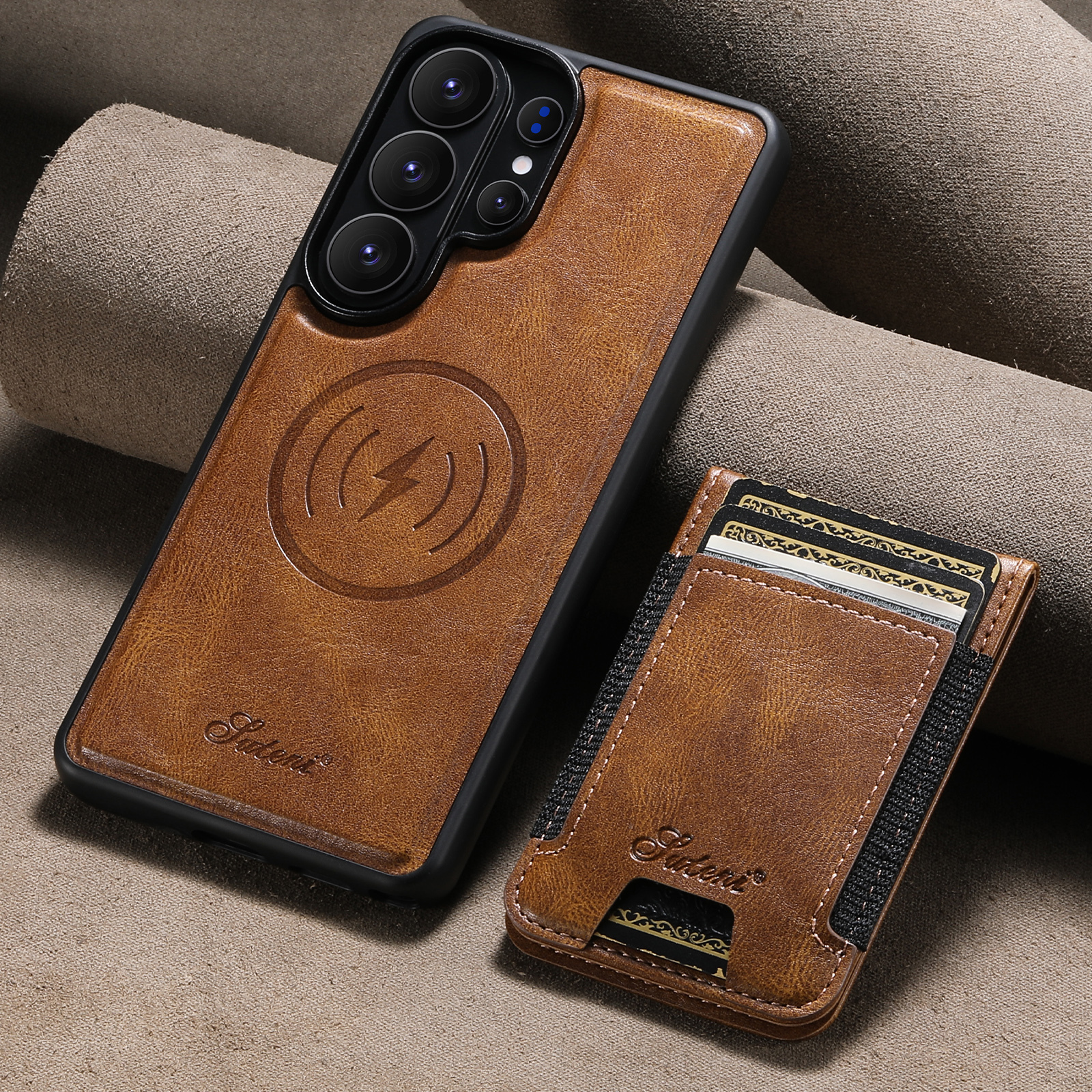 SUTENI H17YL Faux Leather Phone Case Magnet Wireless Charging Card Holder Stand For Samsung Galaxy S26 Ultra S25 Plus S24 S23 S22 Note20