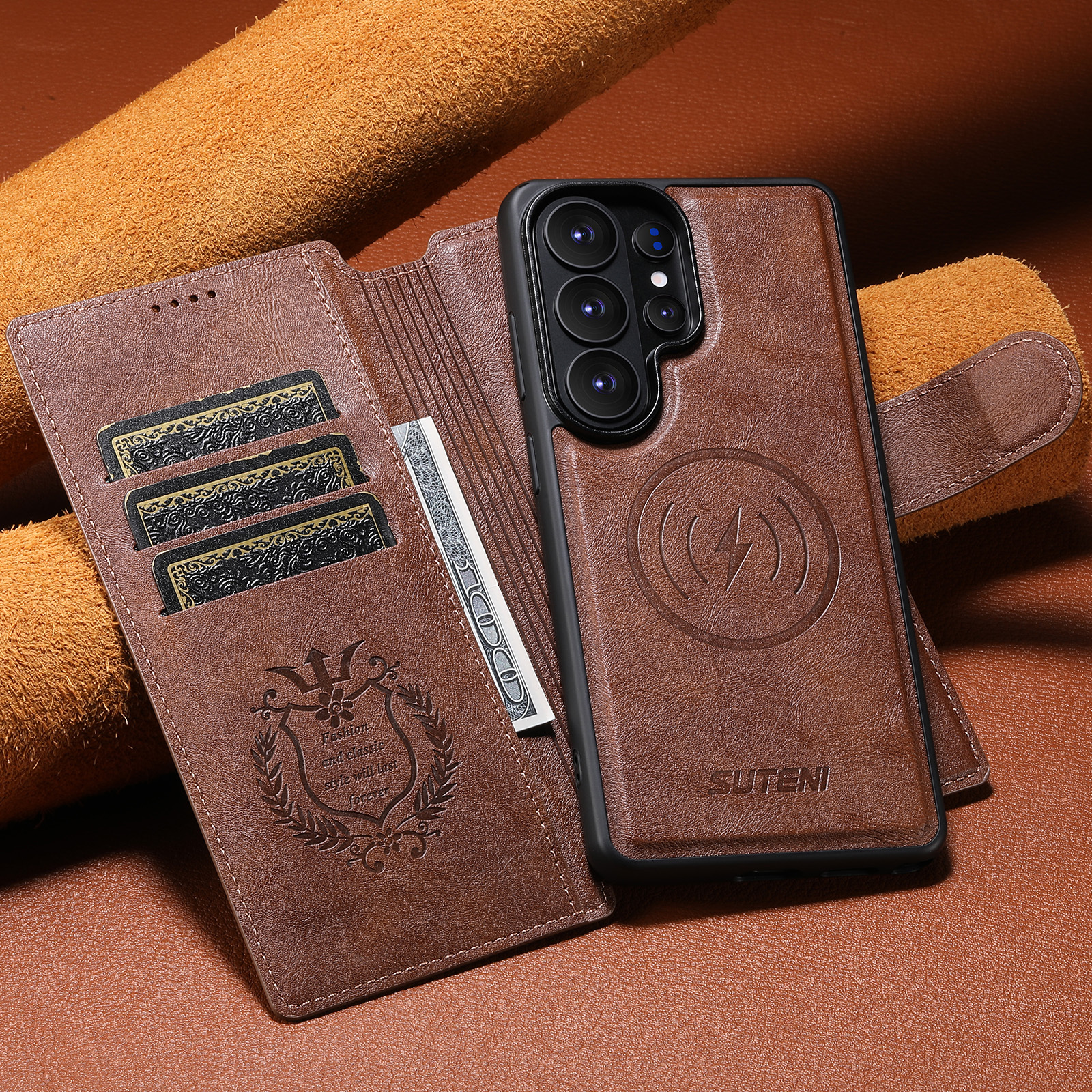 SUTENI Q05 Faux Leather Wireless Charging Card Holder Stand Wallet Magnetic Flip Cover Phone Case For Samsung Galaxy S26 Ultra S25 S24 S23 S22
