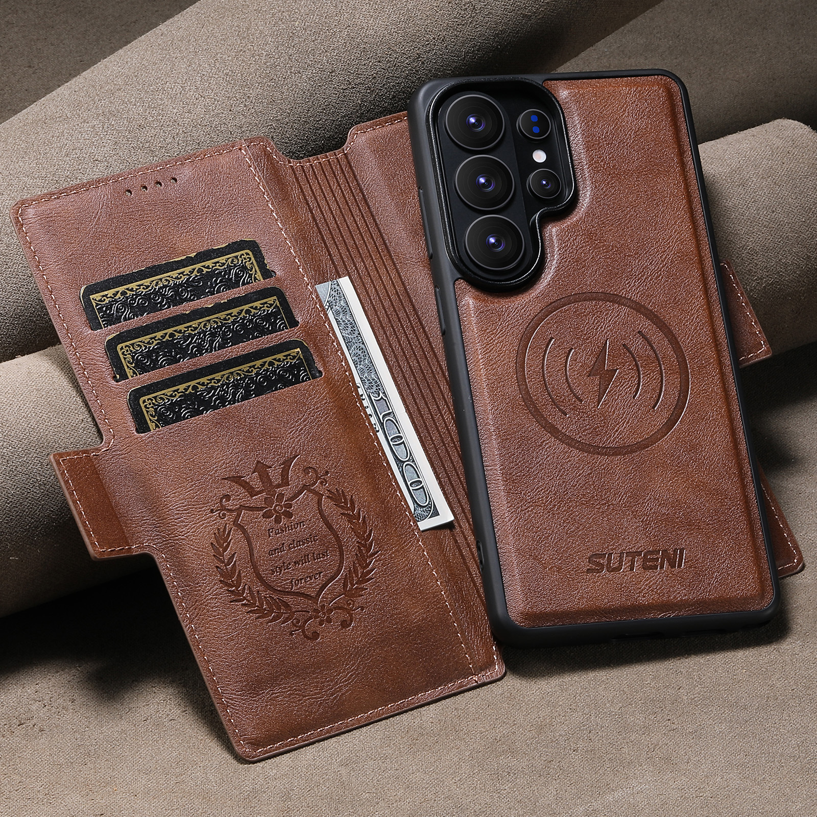 SUTENI Q07 Faux Leather Wireless Charging Card Holder Stand Wallet Magnetic Flip Cover Phone Case For Samsung Galaxy S26 Ultra S25 S24 S23 S22