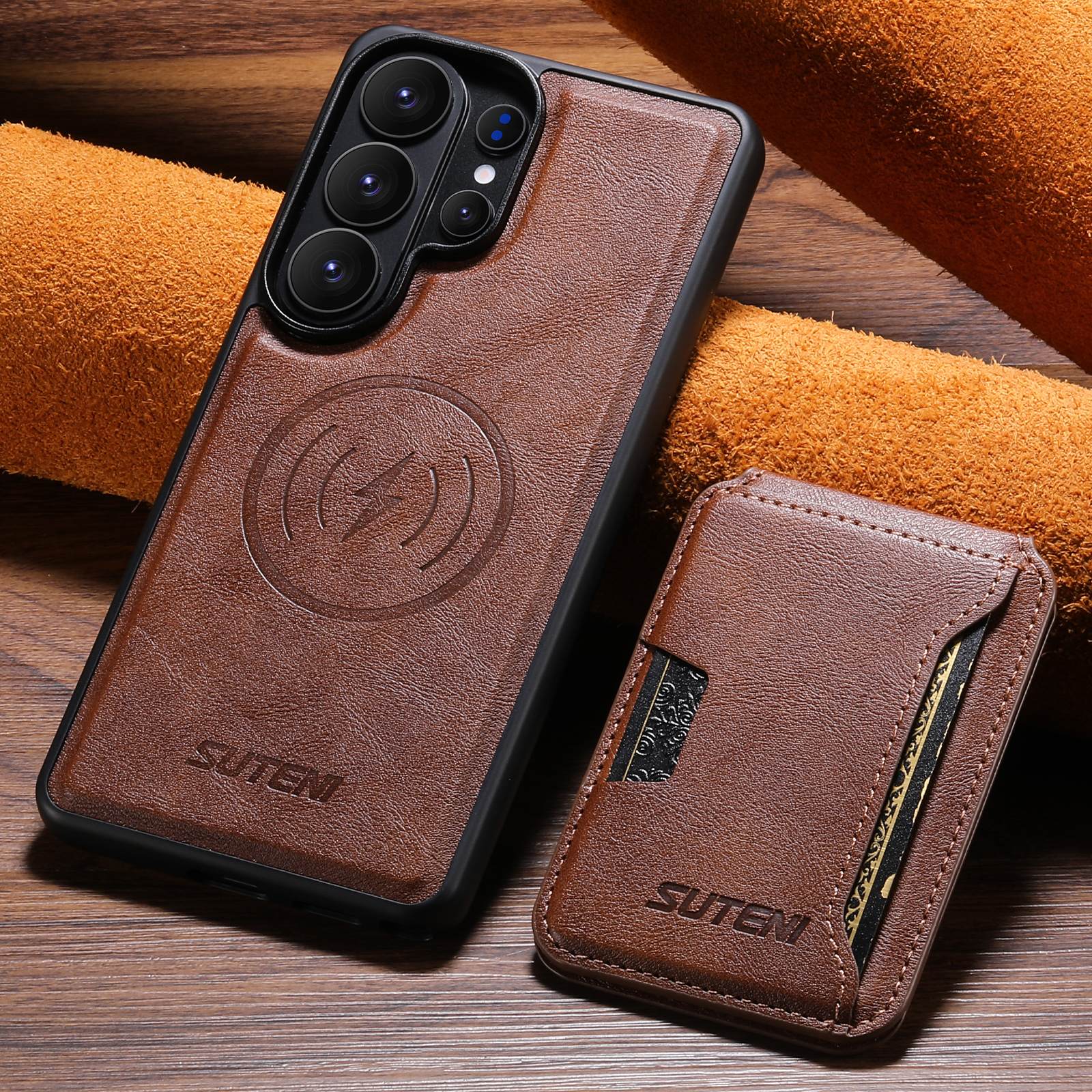 SUTENI M3 Wireless Charging Magnet Faux Leather Phone Case Card Holder Stand Smooth Surface Wallet 2-in-1 For Samsung Galaxy S26 Ultra S25 S24 S23 S22