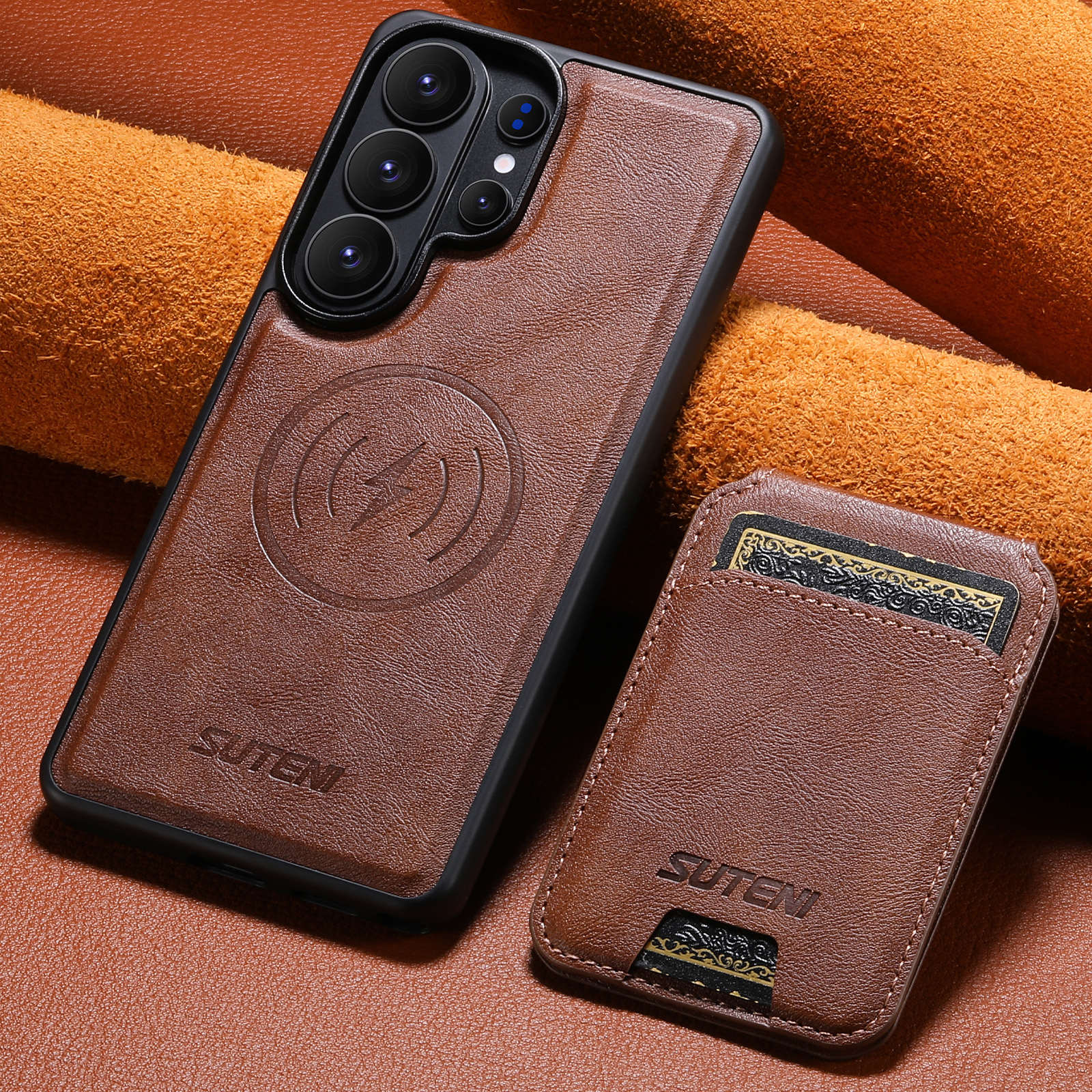 SUTENI M5 Magnet Wireless Charging Faux Leather Phone Case Card Holder Stand For Samsung Galaxy S26 Ultra S25 S24 S23 S22