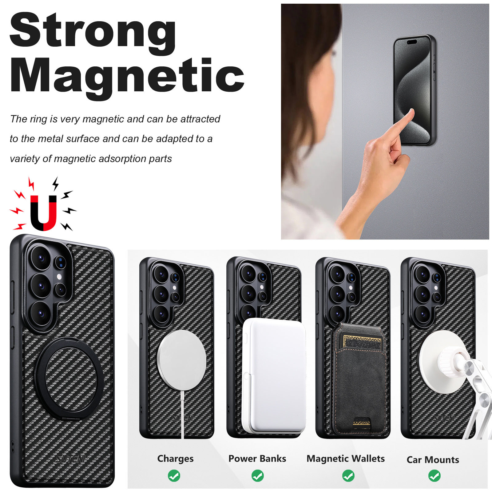 Suteni G3TXW Mobile Phone Case Magnet Wireless Charging 360° Rotating Stand Faux Leather Ring Buckle For Samsung Galaxy S26 Ultra S25 S24 S23 S22