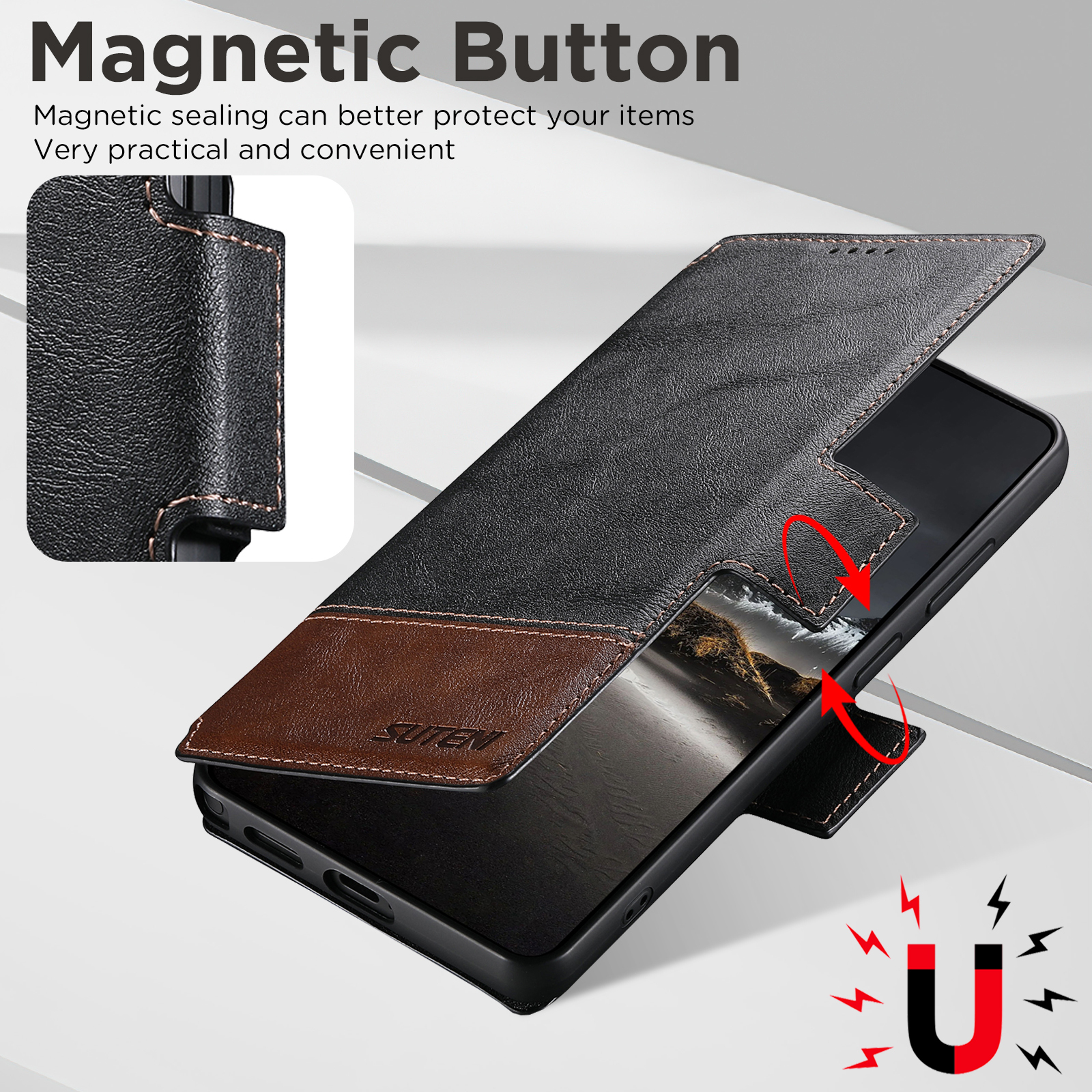 SUTENI Q06 Faux Leather Wireless Charging Card Holder Stand Wallet Magnetic Flip Cover Phone Case For Samsung Galaxy S26 Ultra S25 S24 S23 S22
