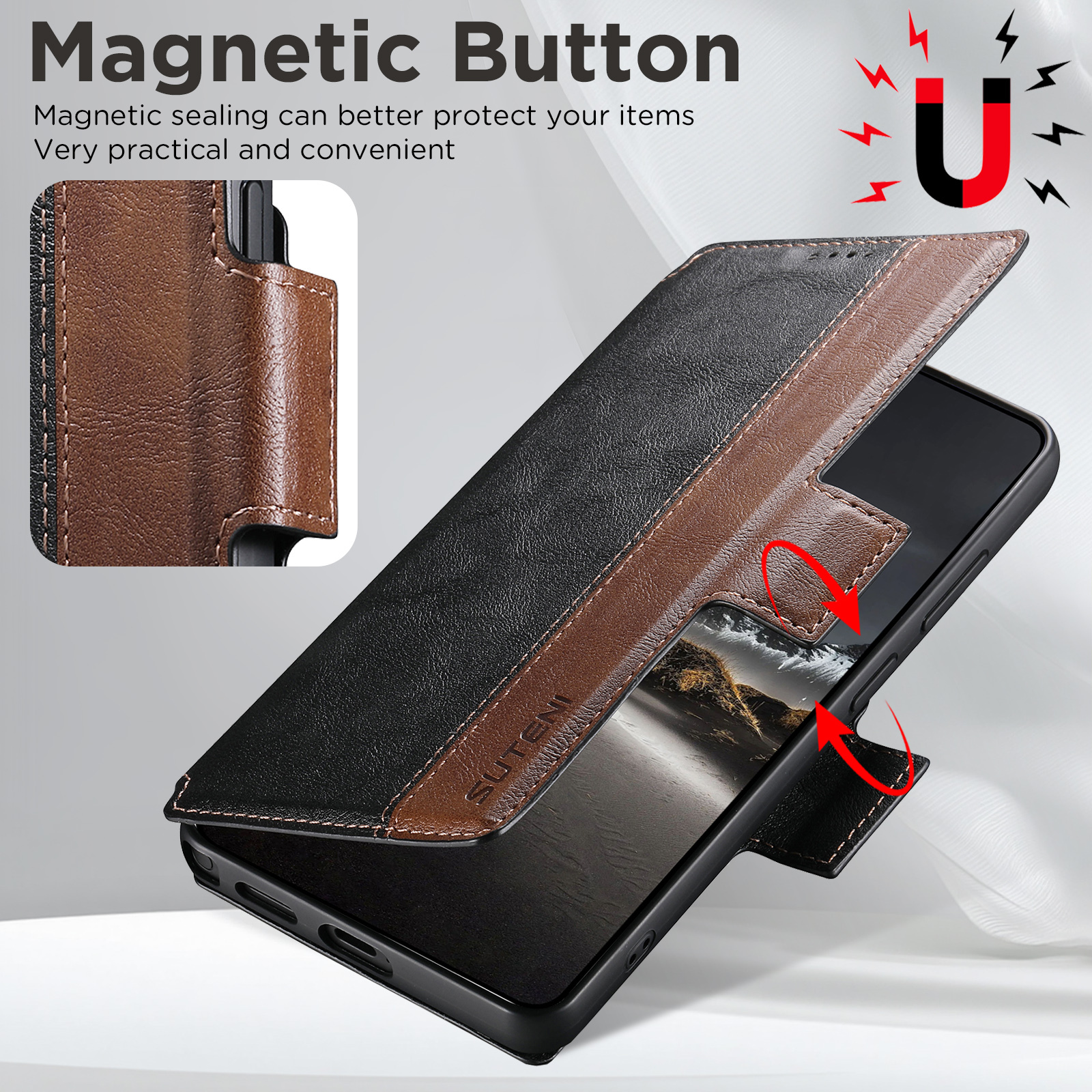 SUTENI Q07 Faux Leather Wireless Charging Card Holder Stand Wallet Magnetic Flip Cover Phone Case For Samsung Galaxy S26 Ultra S25 S24 S23 S22