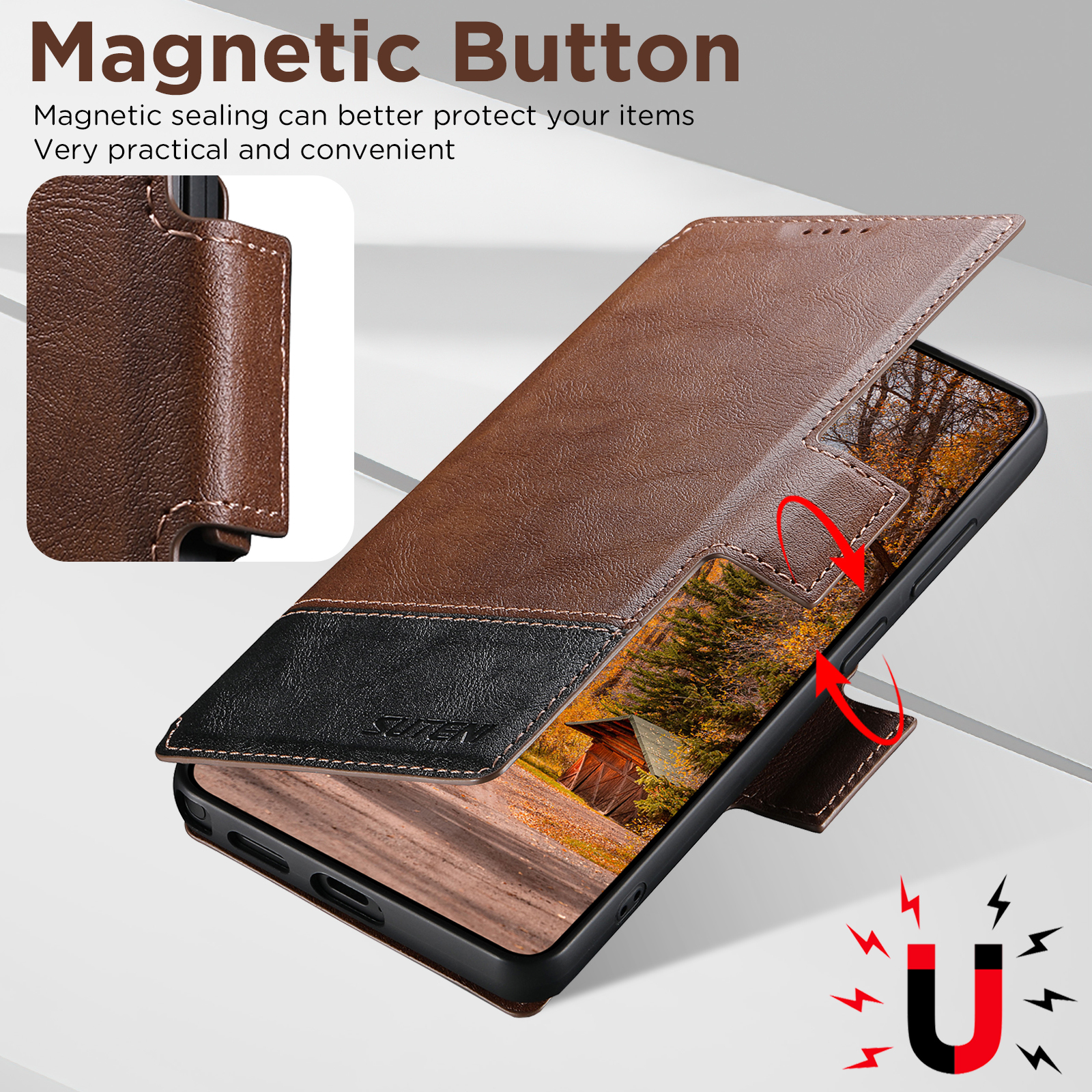 SUTENI Q06 Faux Leather Wireless Charging Card Holder Stand Wallet Magnetic Flip Cover Phone Case For Samsung Galaxy S26 Ultra S25 S24 S23 S22