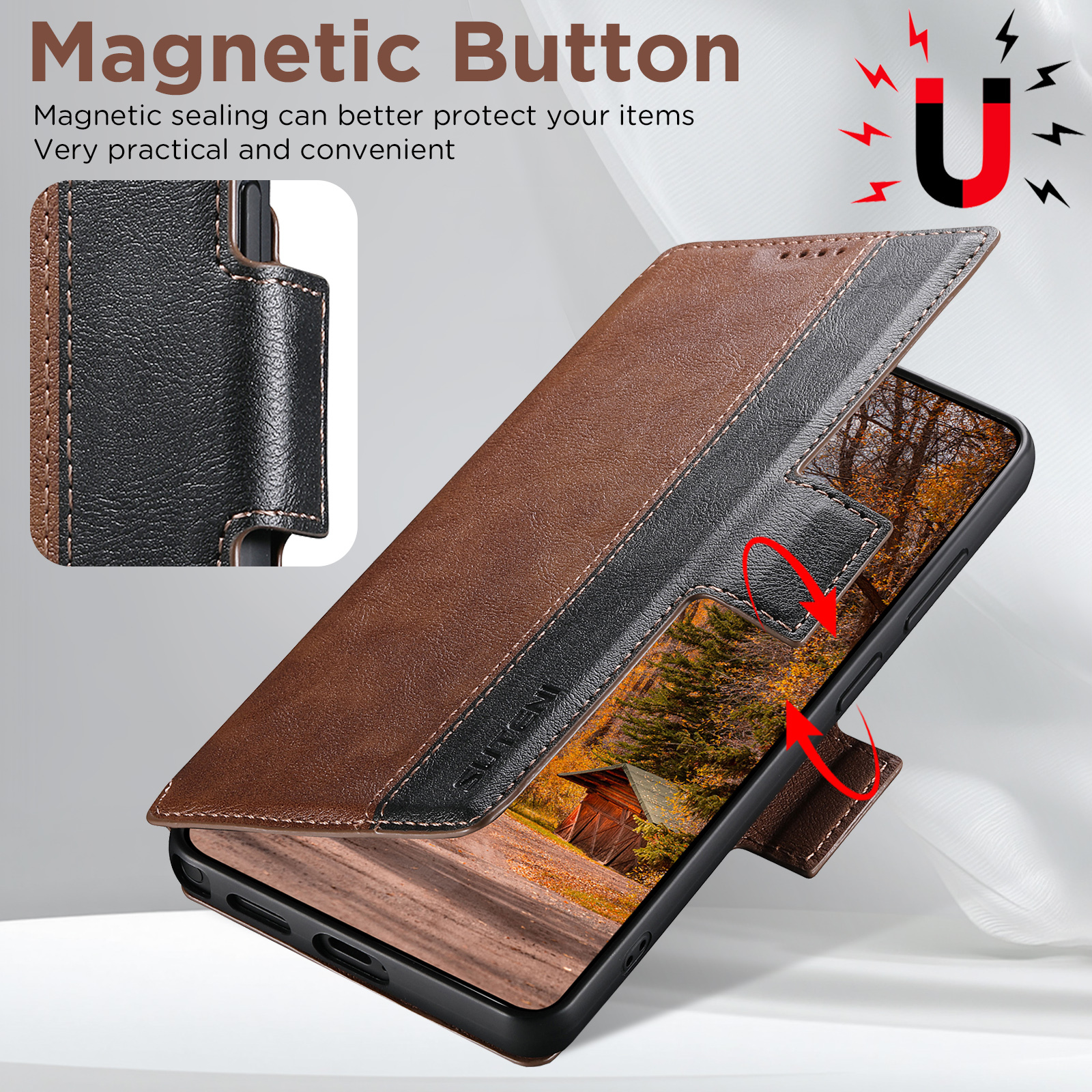 SUTENI Q07 Faux Leather Wireless Charging Card Holder Stand Wallet Magnetic Flip Cover Phone Case For Samsung Galaxy S26 Ultra S25 S24 S23 S22