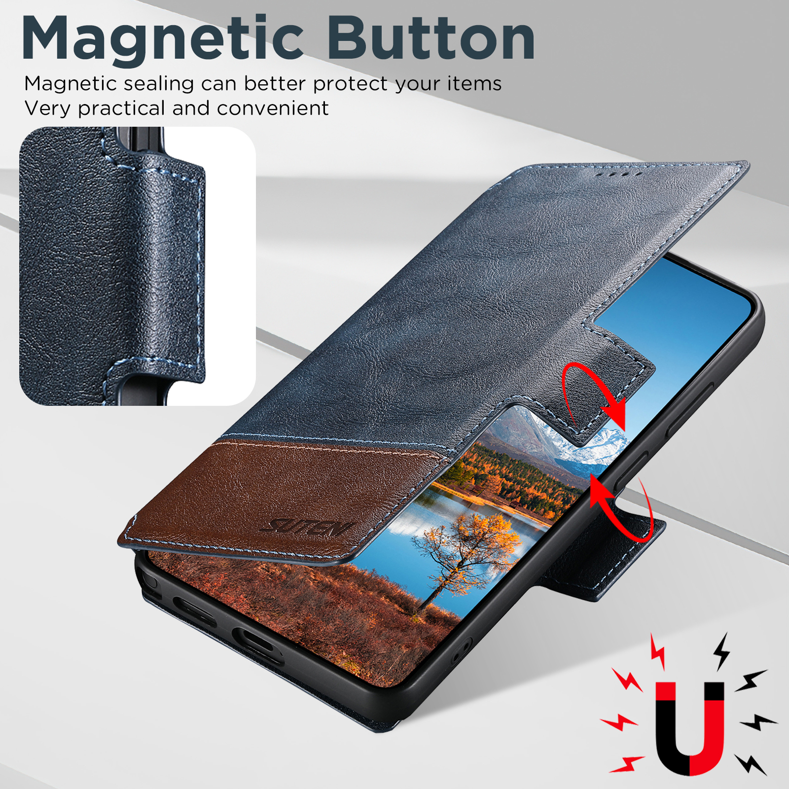 SUTENI Q06 Faux Leather Wireless Charging Card Holder Stand Wallet Magnetic Flip Cover Phone Case For Samsung Galaxy S26 Ultra S25 S24 S23 S22