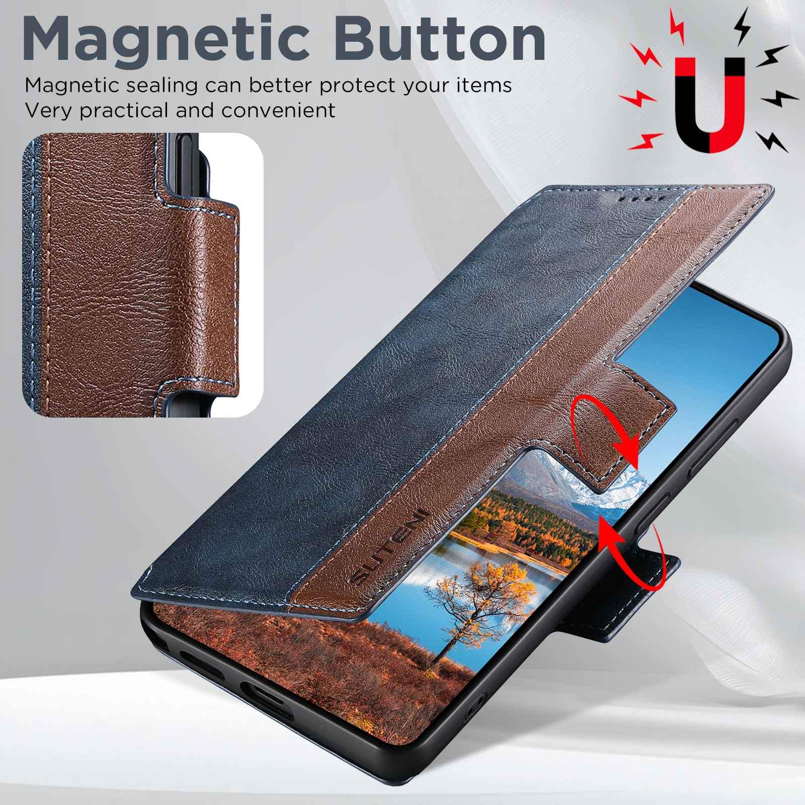 SUTENI Q07 Faux Leather Wireless Charging Card Holder Stand Wallet Magnetic Flip Cover Phone Case For Samsung Galaxy S26 Ultra S25 S24 S23 S22