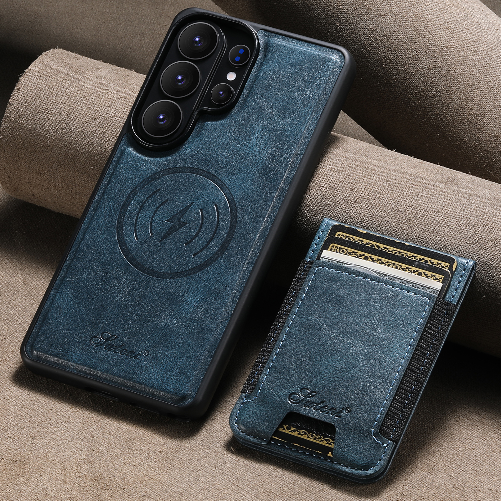 SUTENI H17YL Faux Leather Phone Case Magnet Wireless Charging Card Holder Stand For Samsung Galaxy S26 Ultra S25 Plus S24 S23 S22 Note20