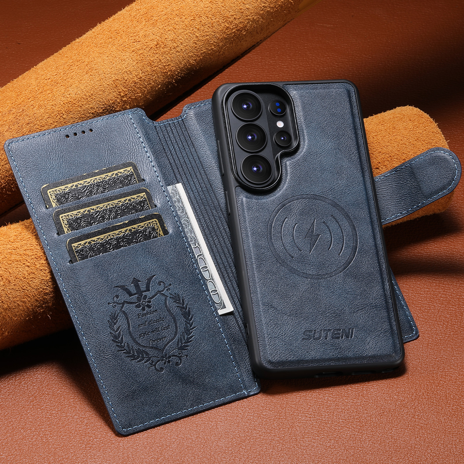 SUTENI Q05 Faux Leather Wireless Charging Card Holder Stand Wallet Magnetic Flip Cover Phone Case For Samsung Galaxy S26 Ultra S25 S24 S23 S22