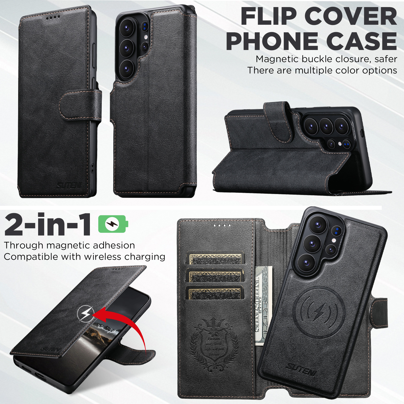 SUTENI Q05 Faux Leather Wireless Charging Card Holder Stand Wallet Magnetic Flip Cover Phone Case For Samsung Galaxy S26 Ultra S25 S24 S23 S22