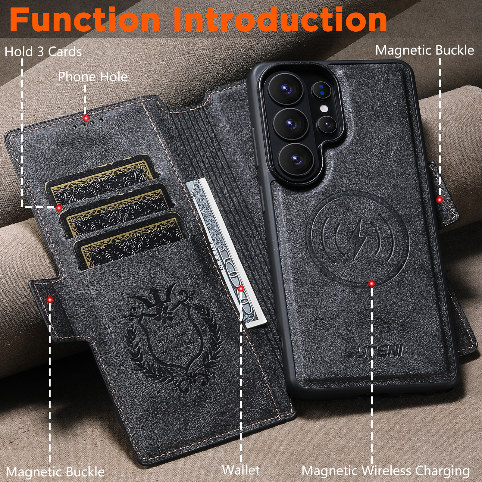 SUTENI Q07 Faux Leather Wireless Charging Card Holder Stand Wallet Magnetic Flip Cover Phone Case For Samsung Galaxy S26 Ultra S25 S24 S23 S22
