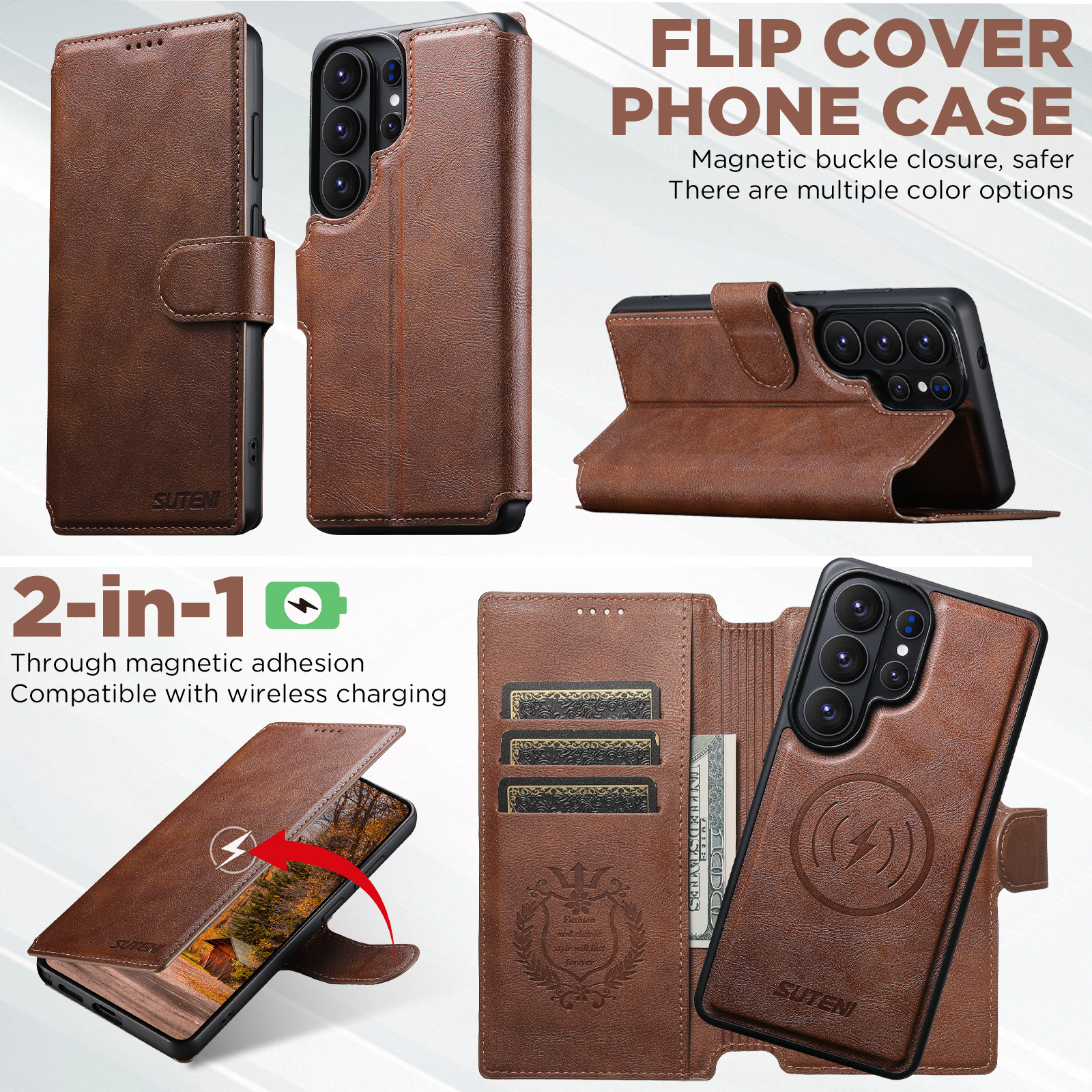 SUTENI Q05 Faux Leather Wireless Charging Card Holder Stand Wallet Magnetic Flip Cover Phone Case For Samsung Galaxy S26 Ultra S25 S24 S23 S22