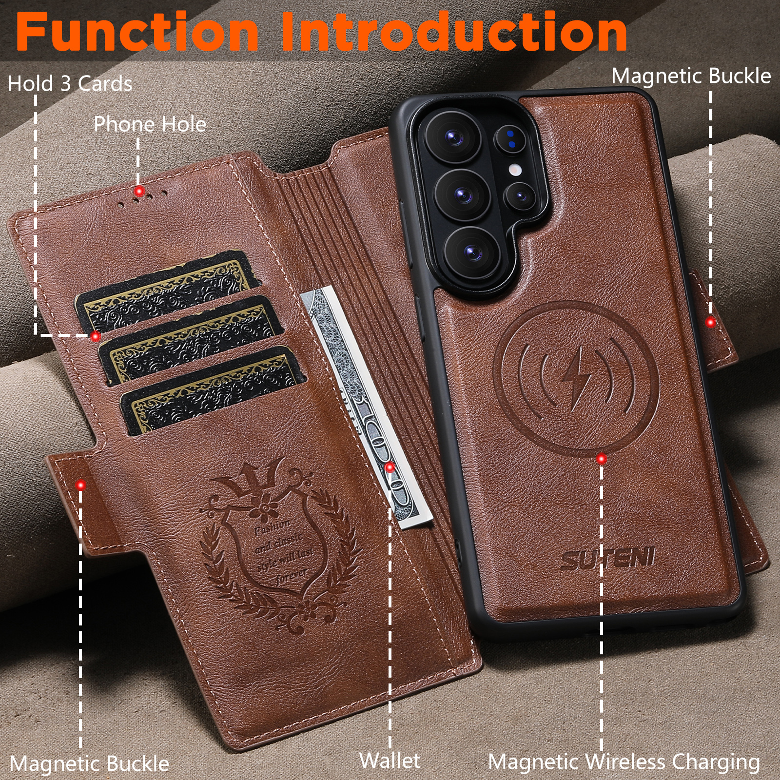 SUTENI Q07 Faux Leather Wireless Charging Card Holder Stand Wallet Magnetic Flip Cover Phone Case For Samsung Galaxy S26 Ultra S25 S24 S23 S22