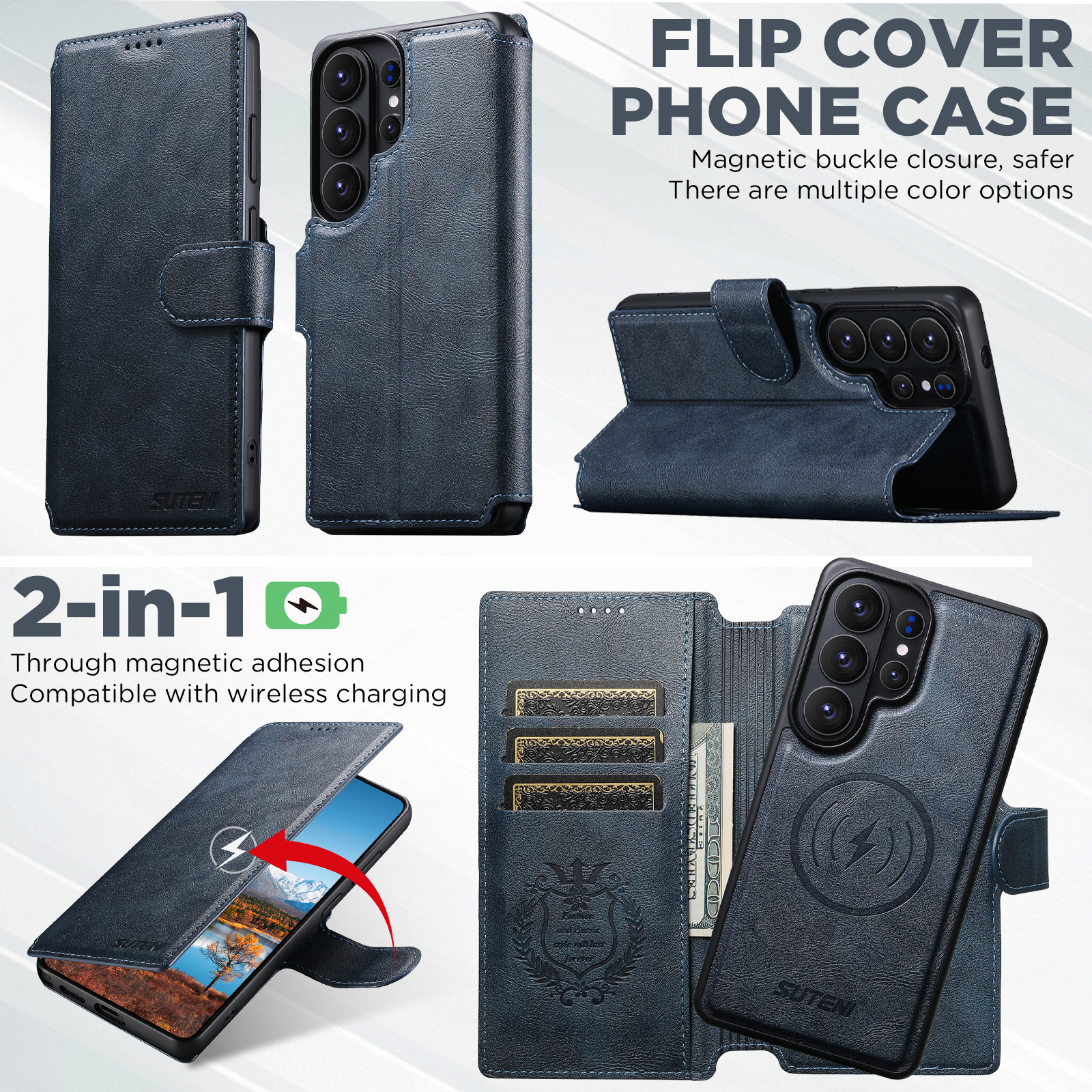 SUTENI Q05 Faux Leather Wireless Charging Card Holder Stand Wallet Magnetic Flip Cover Phone Case For Samsung Galaxy S26 Ultra S25 S24 S23 S22