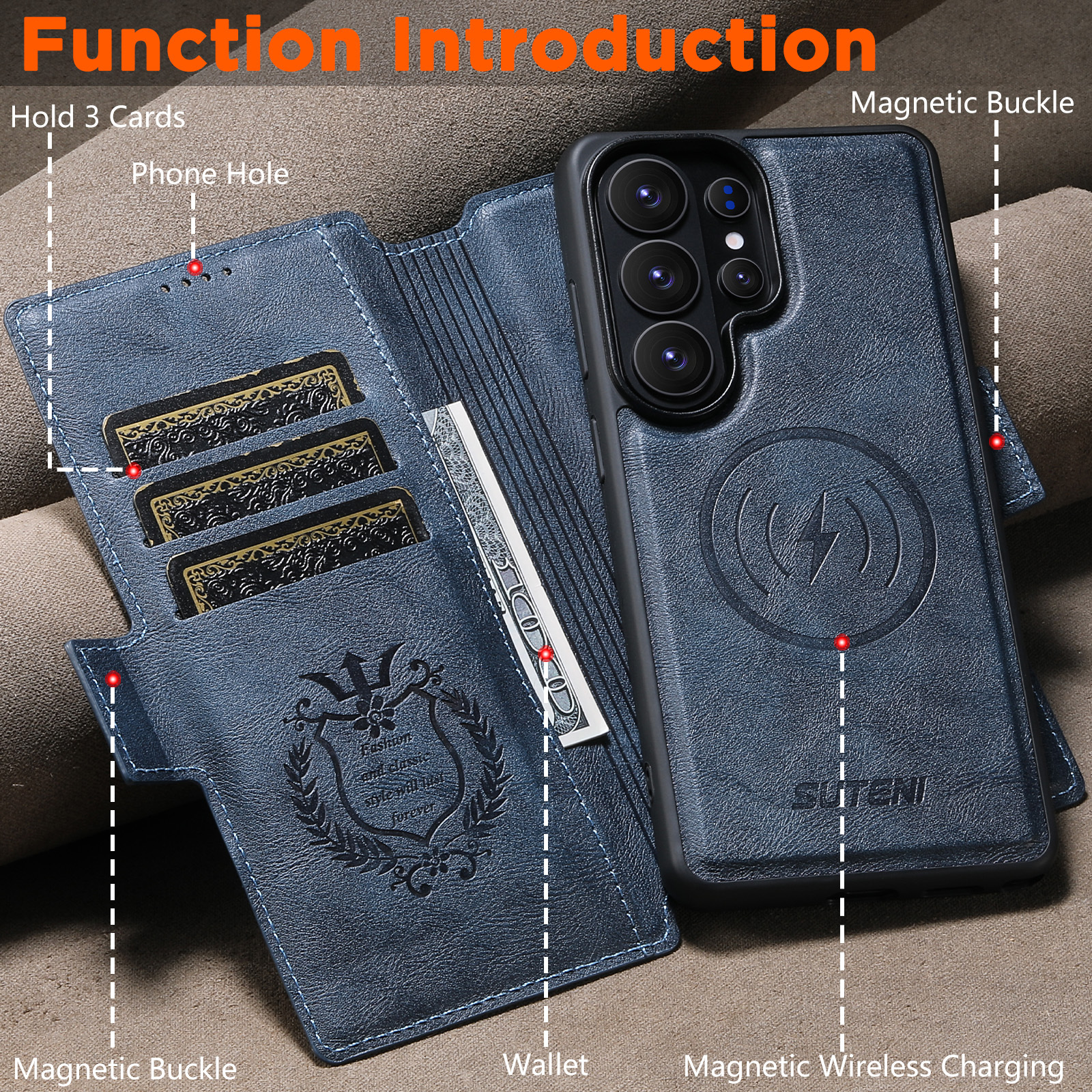 SUTENI Q07 Faux Leather Wireless Charging Card Holder Stand Wallet Magnetic Flip Cover Phone Case For Samsung Galaxy S26 Ultra S25 S24 S23 S22