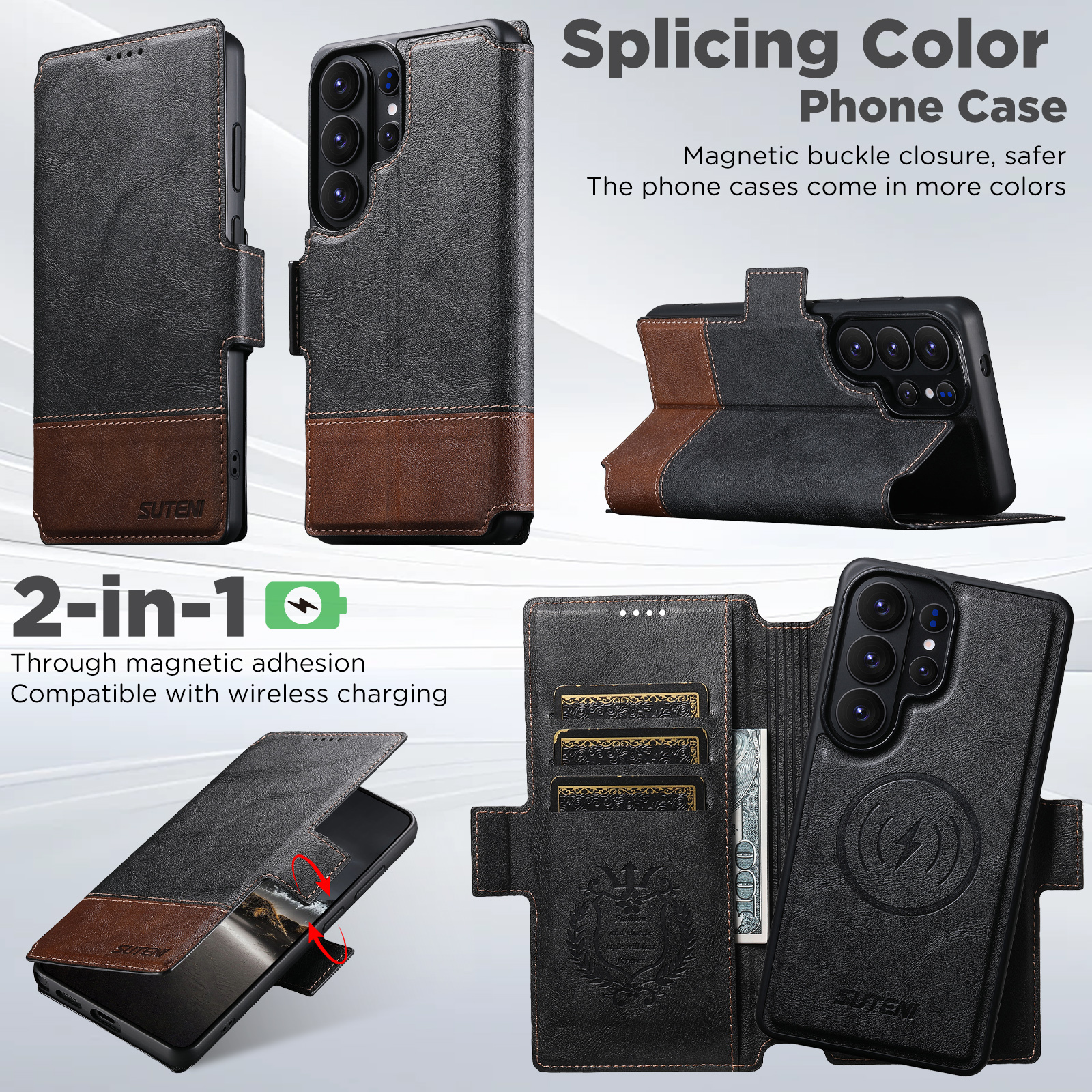 SUTENI Q06 Faux Leather Wireless Charging Card Holder Stand Wallet Magnetic Flip Cover Phone Case For Samsung Galaxy S26 Ultra S25 S24 S23 S22