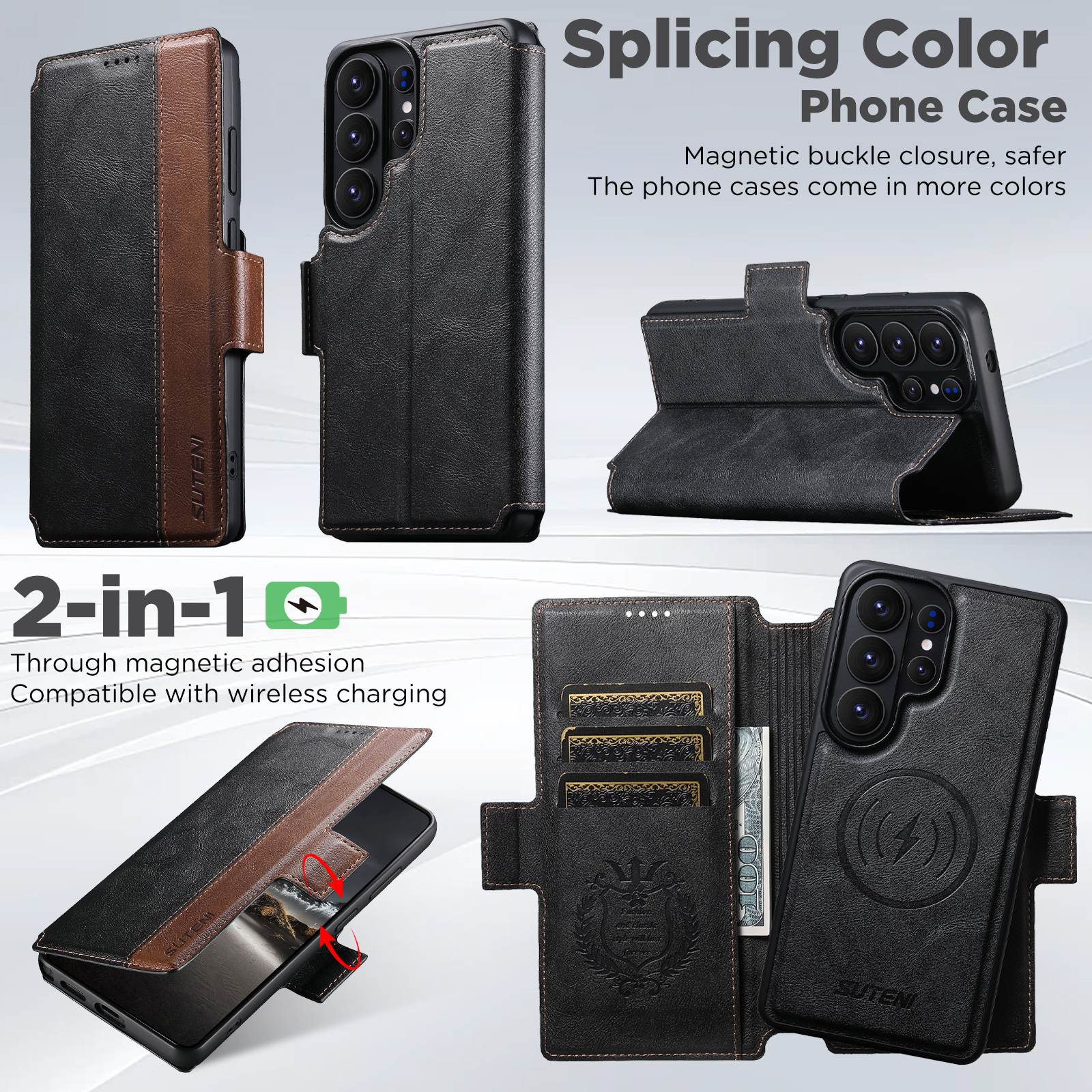 SUTENI Q07 Faux Leather Wireless Charging Card Holder Stand Wallet Magnetic Flip Cover Phone Case For Samsung Galaxy S26 Ultra S25 S24 S23 S22