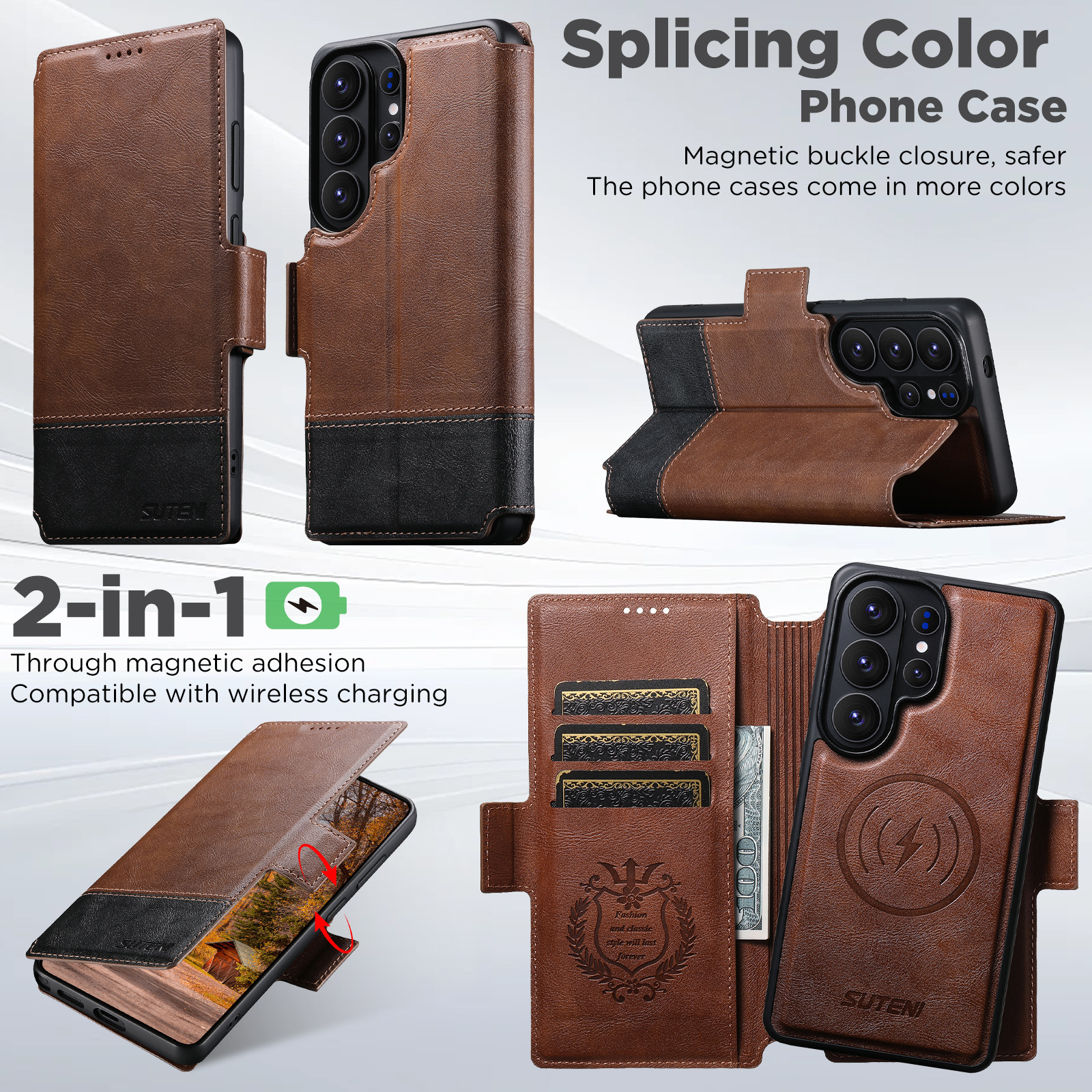 SUTENI Q06 Faux Leather Wireless Charging Card Holder Stand Wallet Magnetic Flip Cover Phone Case For Samsung Galaxy S26 Ultra S25 S24 S23 S22