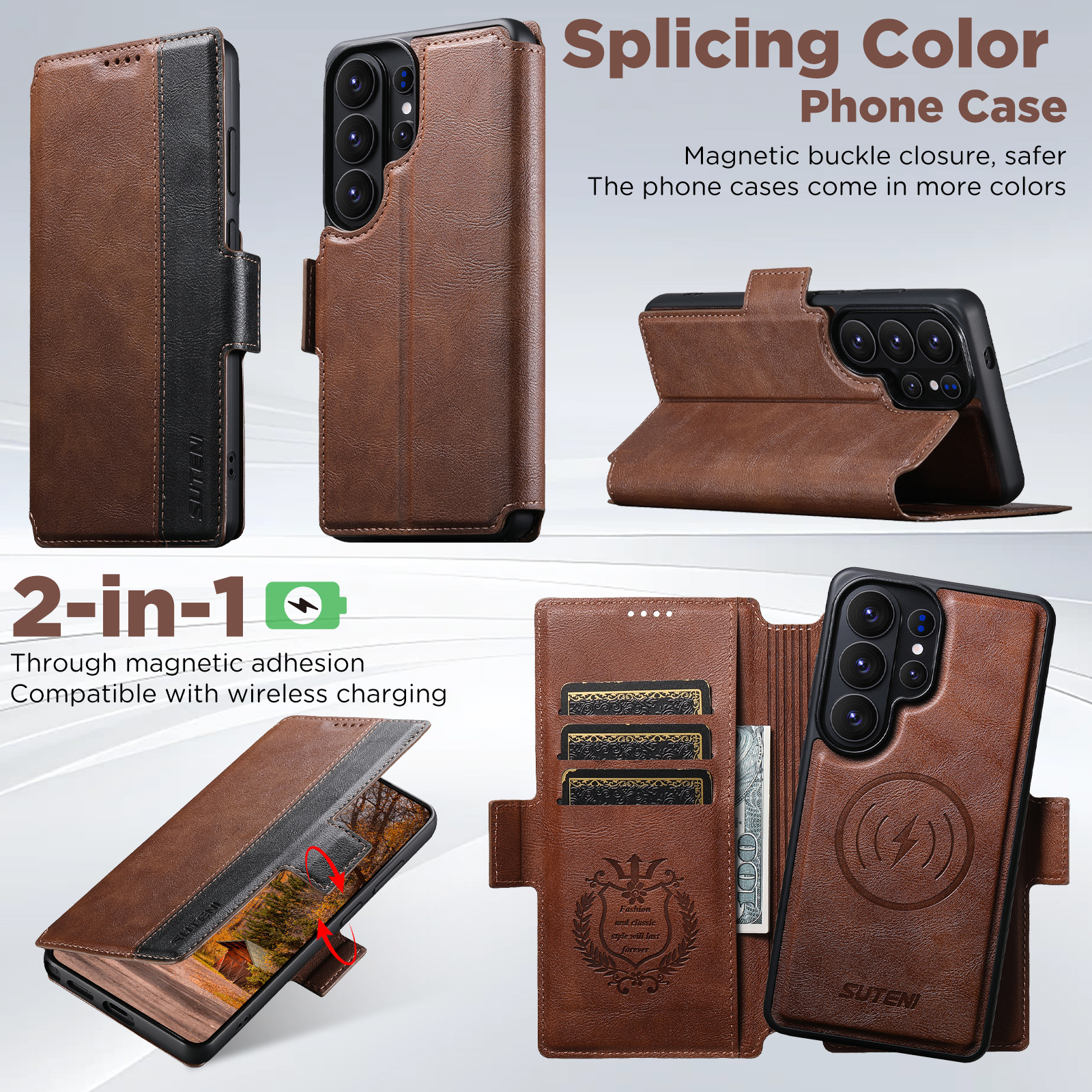 SUTENI Q07 Faux Leather Wireless Charging Card Holder Stand Wallet Magnetic Flip Cover Phone Case For Samsung Galaxy S26 Ultra S25 S24 S23 S22