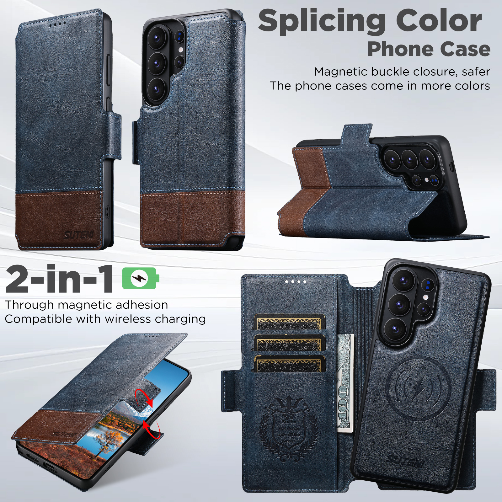 SUTENI Q06 Faux Leather Wireless Charging Card Holder Stand Wallet Magnetic Flip Cover Phone Case For Samsung Galaxy S26 Ultra S25 S24 S23 S22