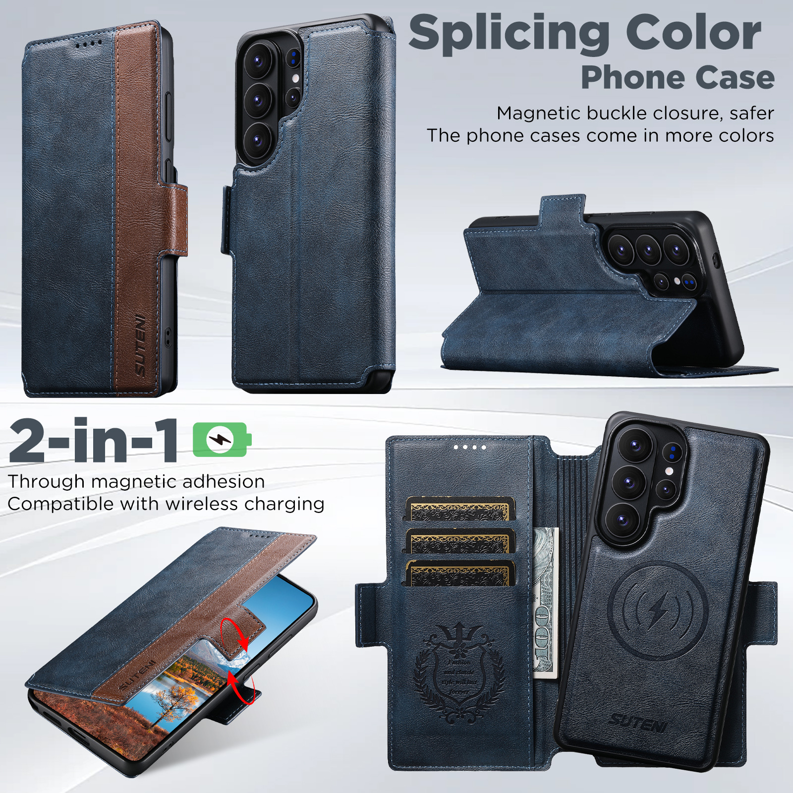 SUTENI Q07 Faux Leather Wireless Charging Card Holder Stand Wallet Magnetic Flip Cover Phone Case For Samsung Galaxy S26 Ultra S25 S24 S23 S22