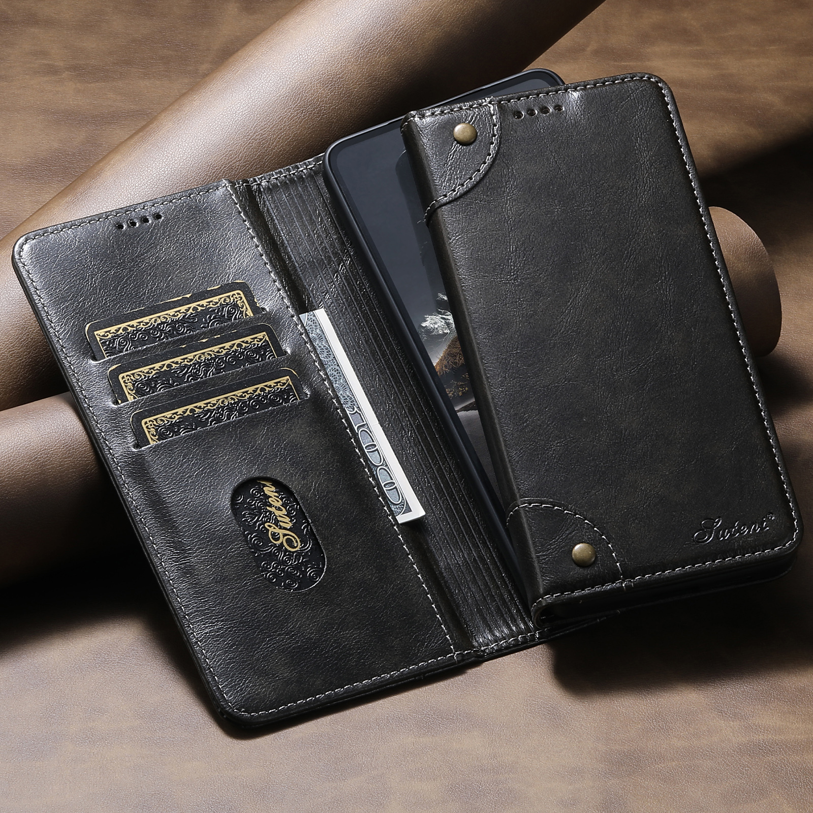 SUTENI BLK Phone Case Faux Leather Card Holder Stand Wallet Magnet Flip Cover For Samsung Galaxy S26 Ultra S25 Plus S24 S23 S22 Note20