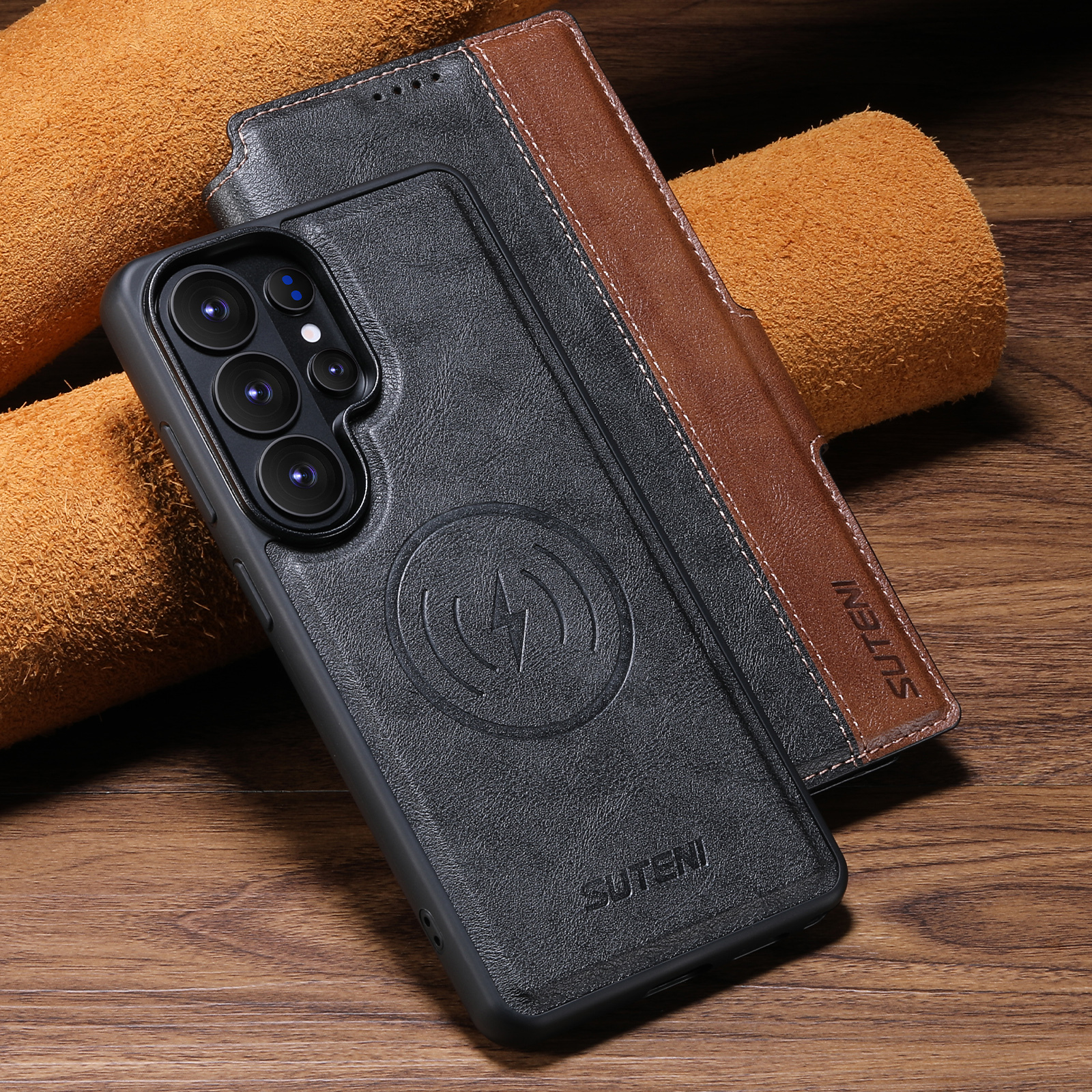 SUTENI Q07 Faux Leather Wireless Charging Card Holder Stand Wallet Magnetic Flip Cover Phone Case For Samsung Galaxy S26 Ultra S25 S24 S23 S22