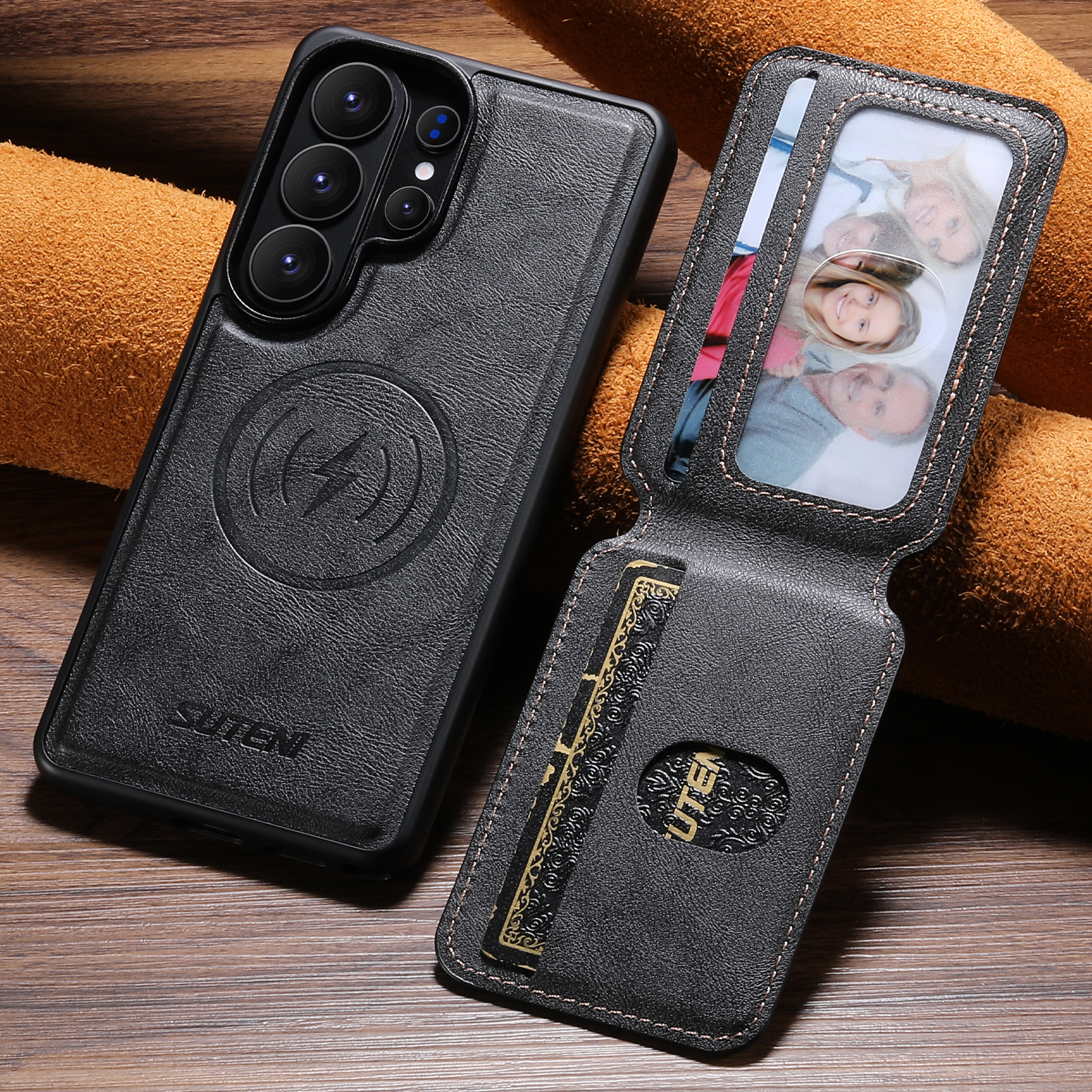 SUTENI M3 Wireless Charging Magnet Faux Leather Phone Case Card Holder Stand Smooth Surface Wallet 2-in-1 For Samsung Galaxy S26 Ultra S25 S24 S23 S22