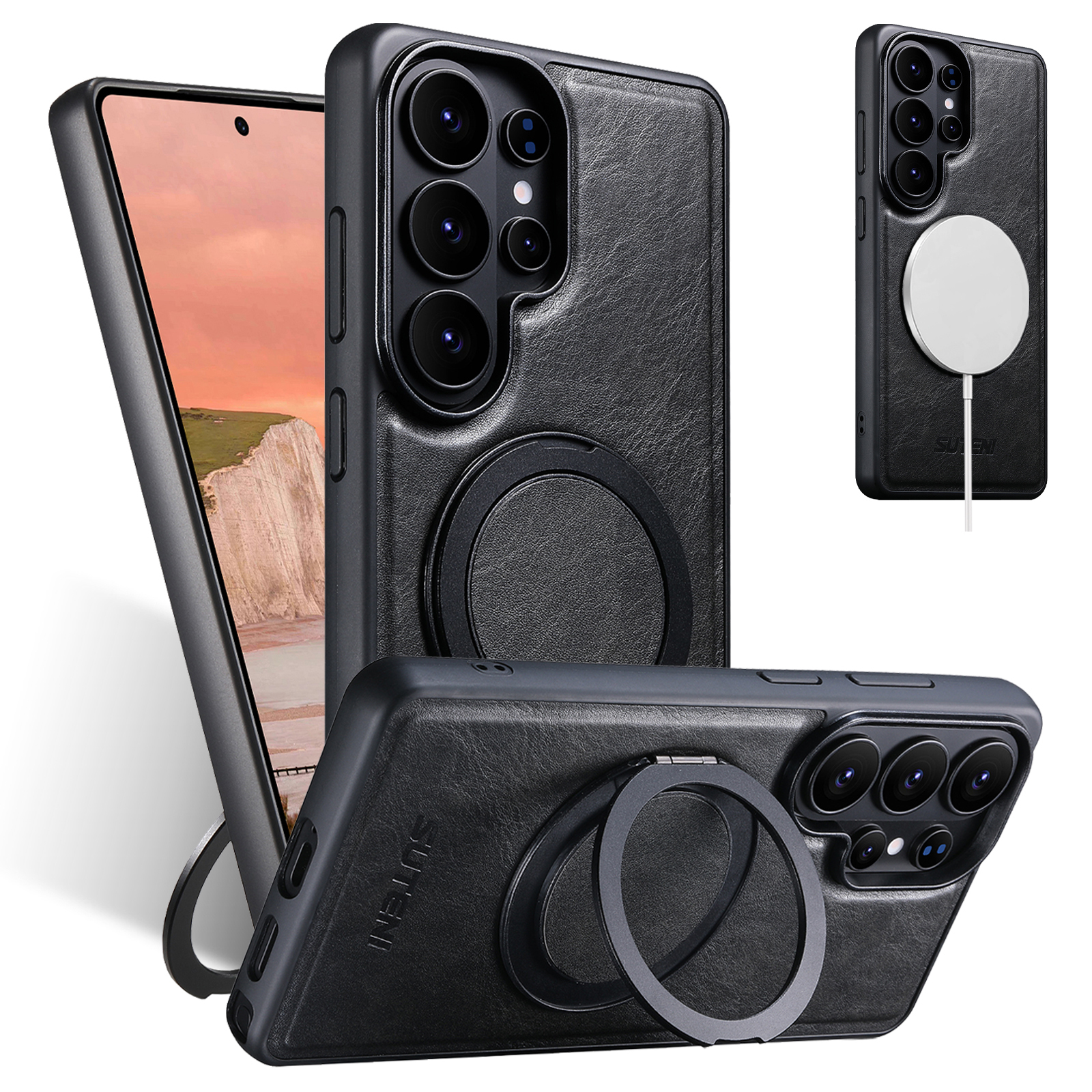 SUTENI G3YL Magnet Wireless Charging Phone Case Oil Wax Faux Leather 360° Rotating Stand Buckle For Samsung Galaxy S26 Ultra S25 S24 S23 S22