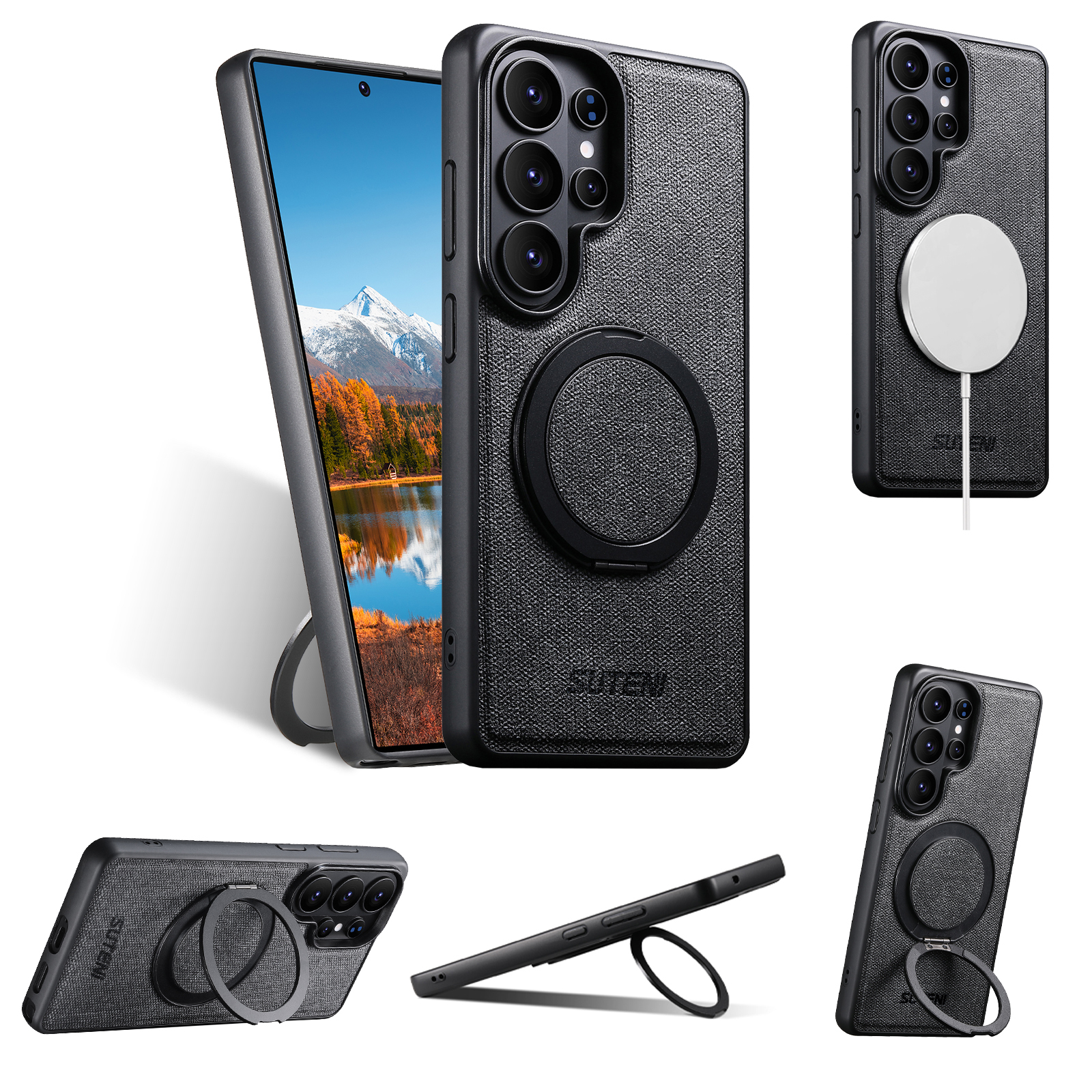SUTENI G3NZ Magnet Wireless Charging Phone Case Faux Leather 360° Rotating Stand Ring Buckle Frosted Feel For Samsung Galaxy S26Ultra S25 S24 S23 S22