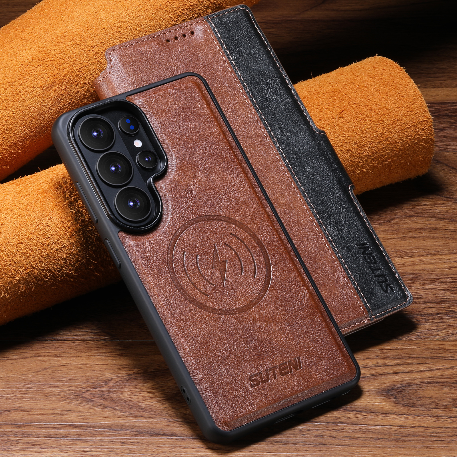 SUTENI Q07 Faux Leather Wireless Charging Card Holder Stand Wallet Magnetic Flip Cover Phone Case For Samsung Galaxy S26 Ultra S25 S24 S23 S22