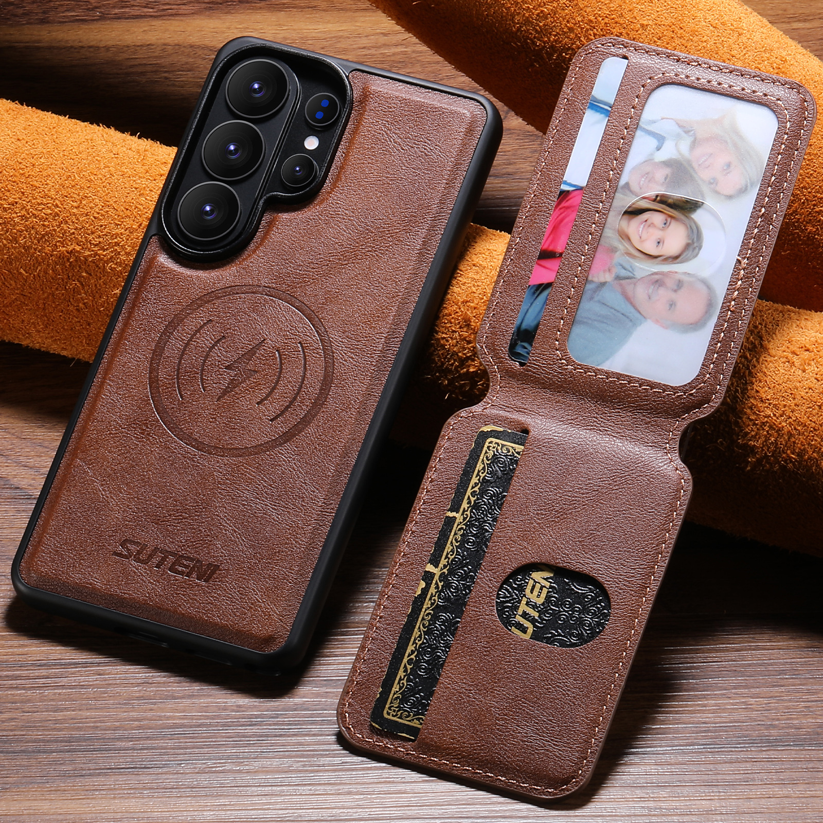 SUTENI M3 Wireless Charging Magnet Faux Leather Phone Case Card Holder Stand Smooth Surface Wallet 2-in-1 For Samsung Galaxy S26 Ultra S25 S24 S23 S22
