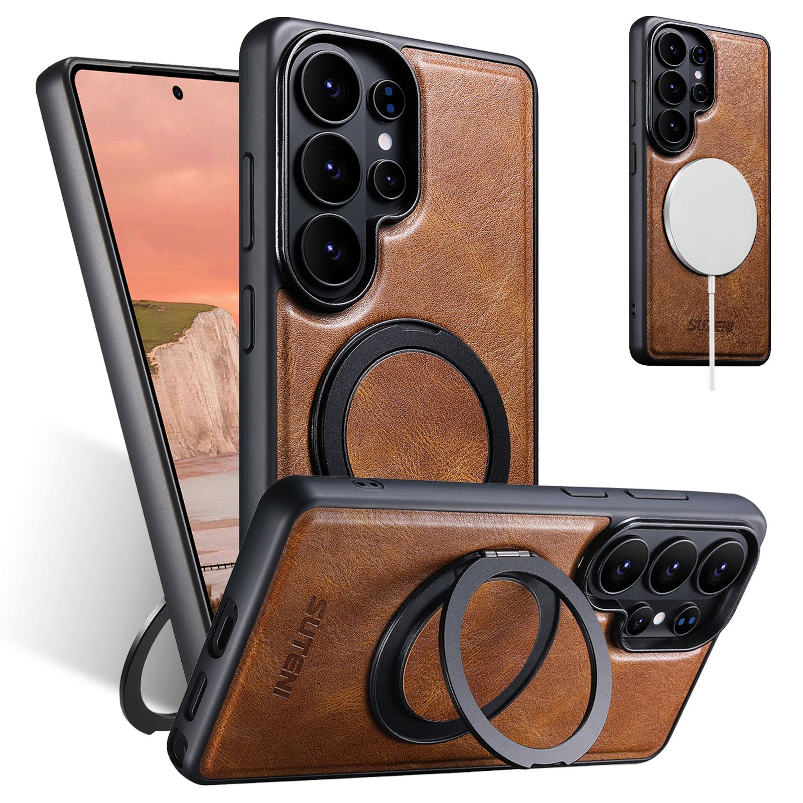 SUTENI G3YL Magnet Wireless Charging Phone Case Oil Wax Faux Leather 360° Rotating Stand Buckle For Samsung Galaxy S26 Ultra S25 S24 S23 S22