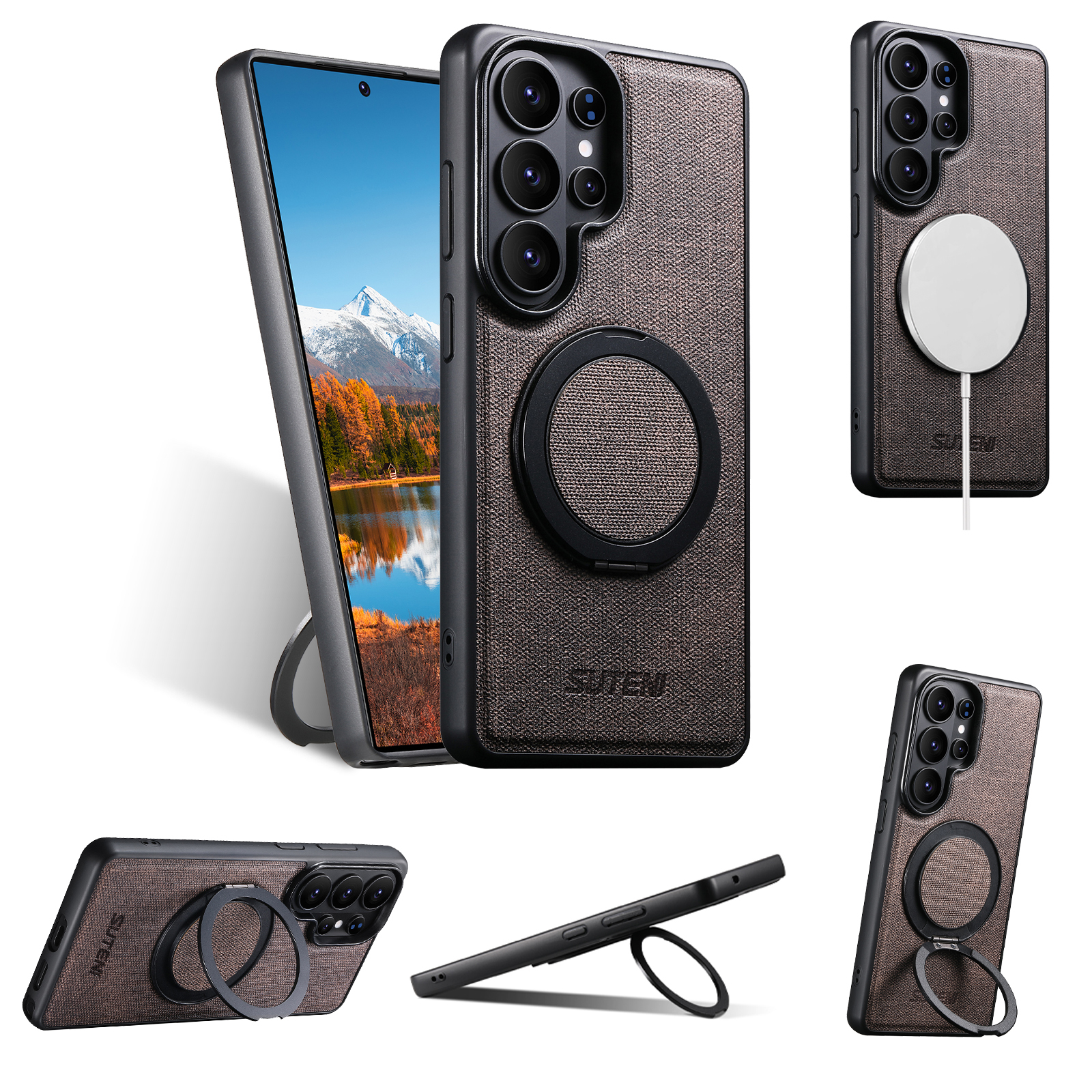 SUTENI G3NZ Magnet Wireless Charging Phone Case Faux Leather 360° Rotating Stand Ring Buckle Frosted Feel For Samsung Galaxy S26Ultra S25 S24 S23 S22