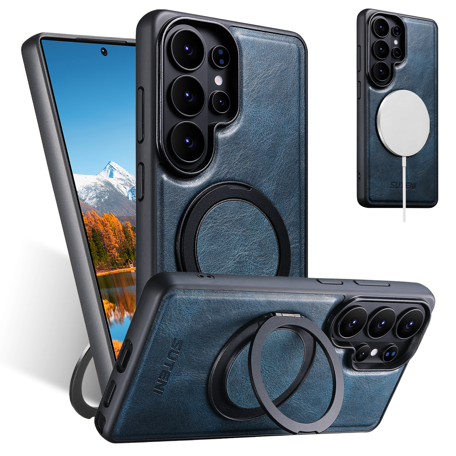 SUTENI G3YL Magnet Wireless Charging Phone Case Oil Wax Faux Leather 360° Rotating Stand Buckle For Samsung Galaxy S26 Ultra S25 S24 S23 S22