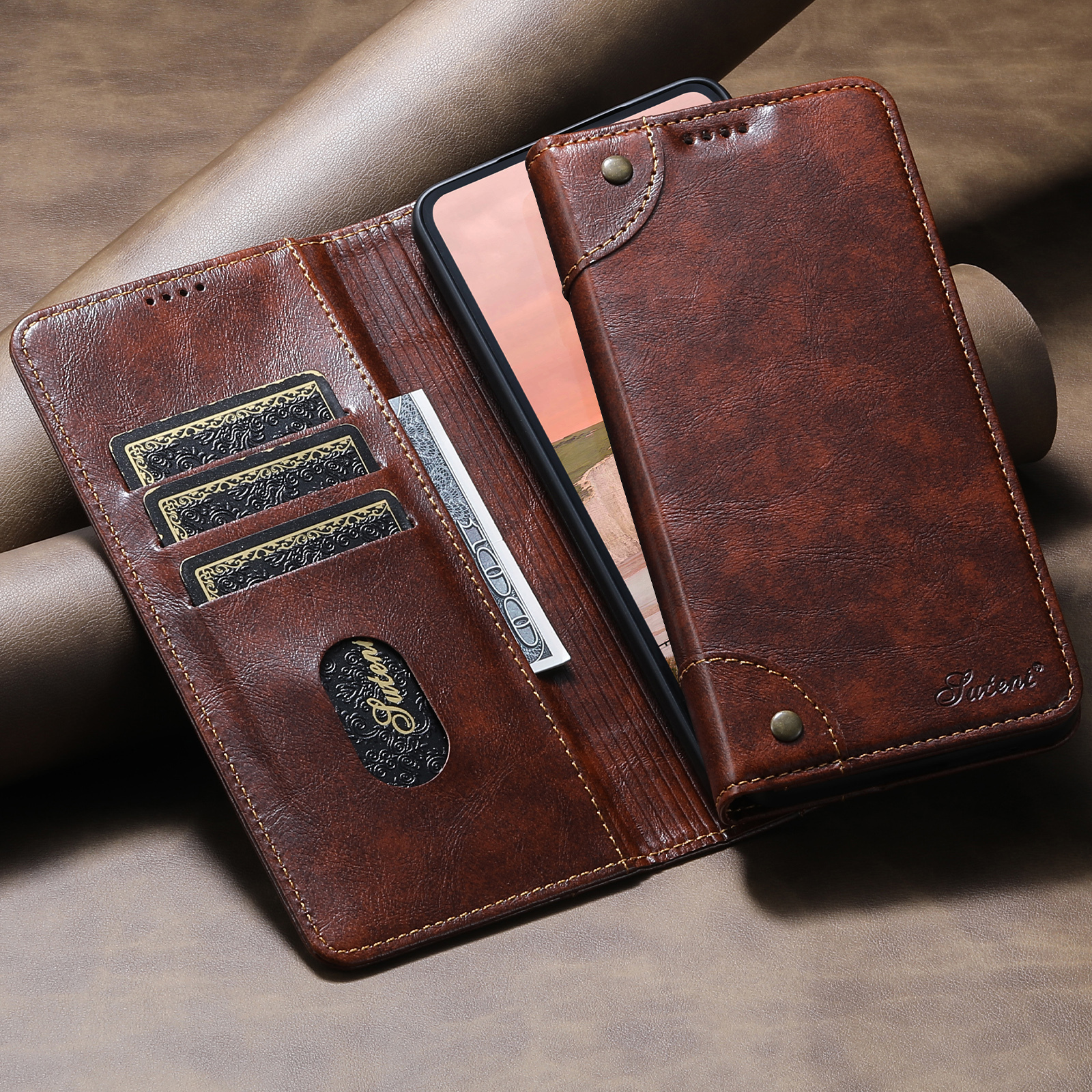 SUTENI BLK Phone Case Faux Leather Card Holder Stand Wallet Magnet Flip Cover For Samsung Galaxy S26 Ultra S25 Plus S24 S23 S22 Note20