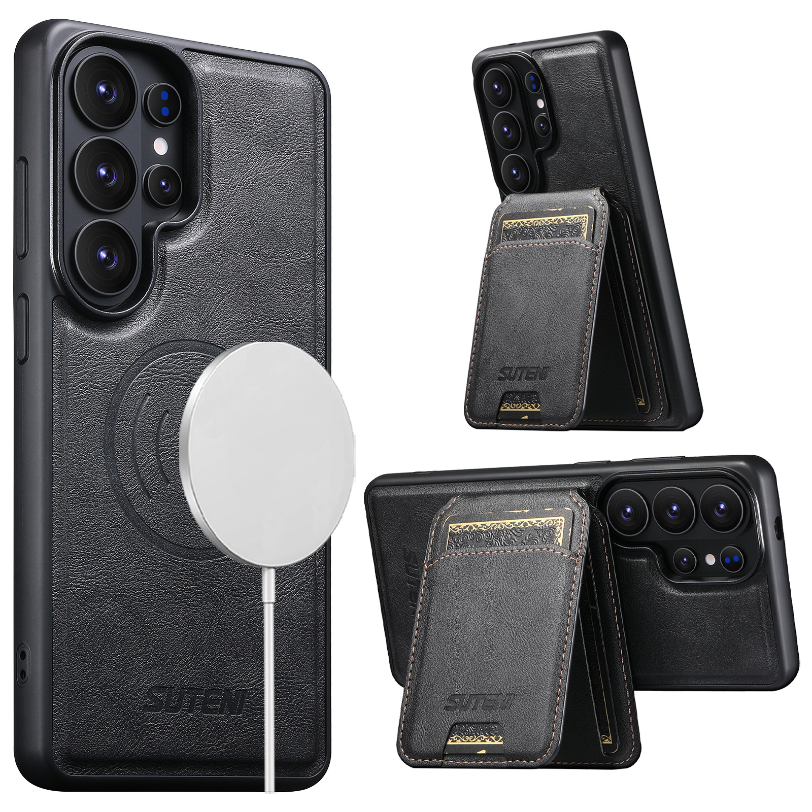 SUTENI M5 Magnet Wireless Charging Faux Leather Phone Case Card Holder Stand For Samsung Galaxy S26 Ultra S25 S24 S23 S22