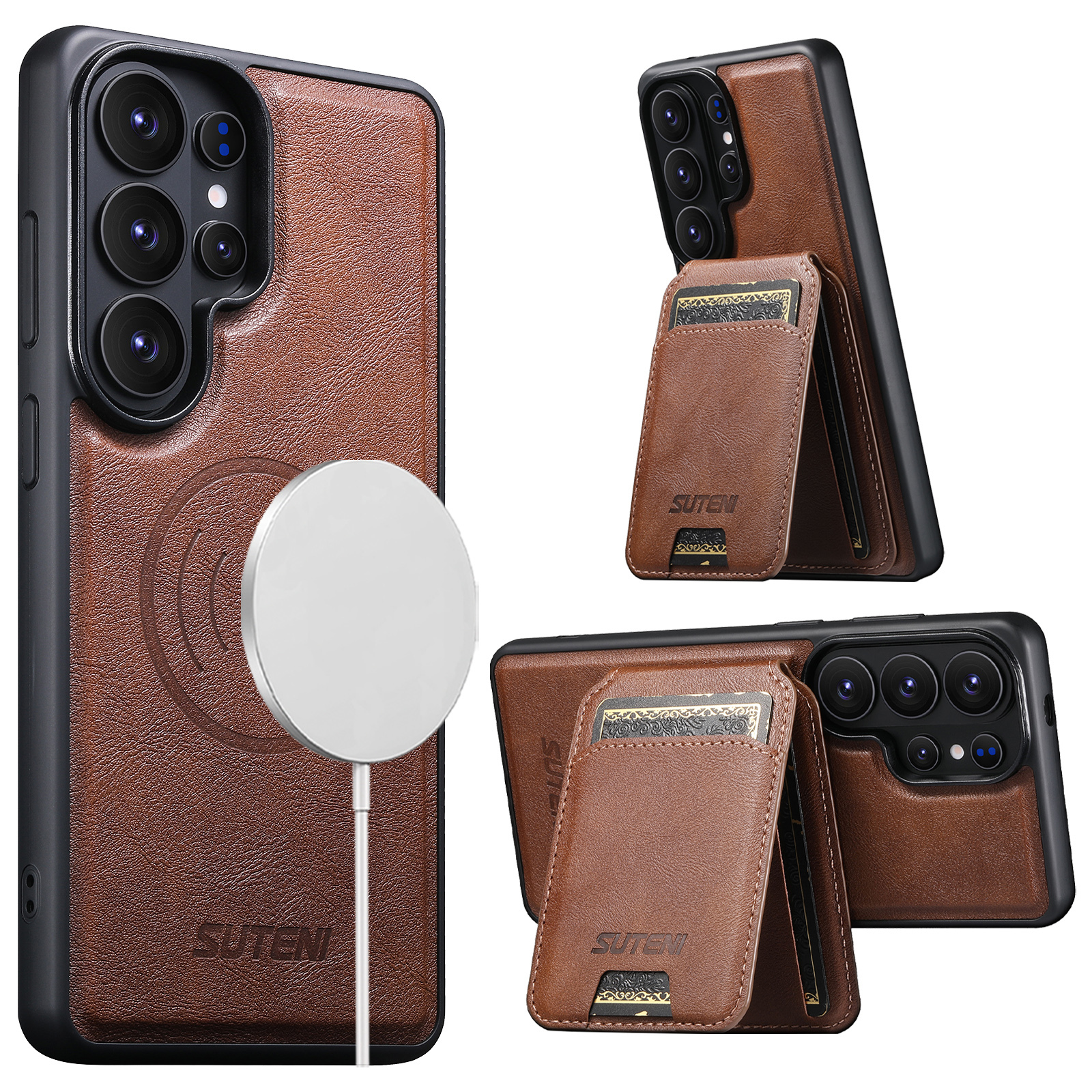 SUTENI M5 Magnet Wireless Charging Faux Leather Phone Case Card Holder Stand For Samsung Galaxy S26 Ultra S25 S24 S23 S22