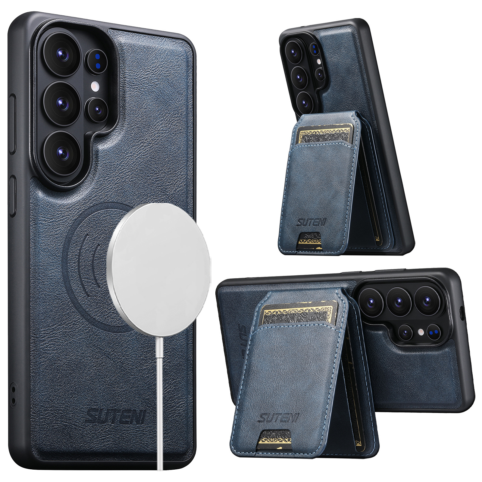 SUTENI M5 Magnet Wireless Charging Faux Leather Phone Case Card Holder Stand For Samsung Galaxy S26 Ultra S25 S24 S23 S22