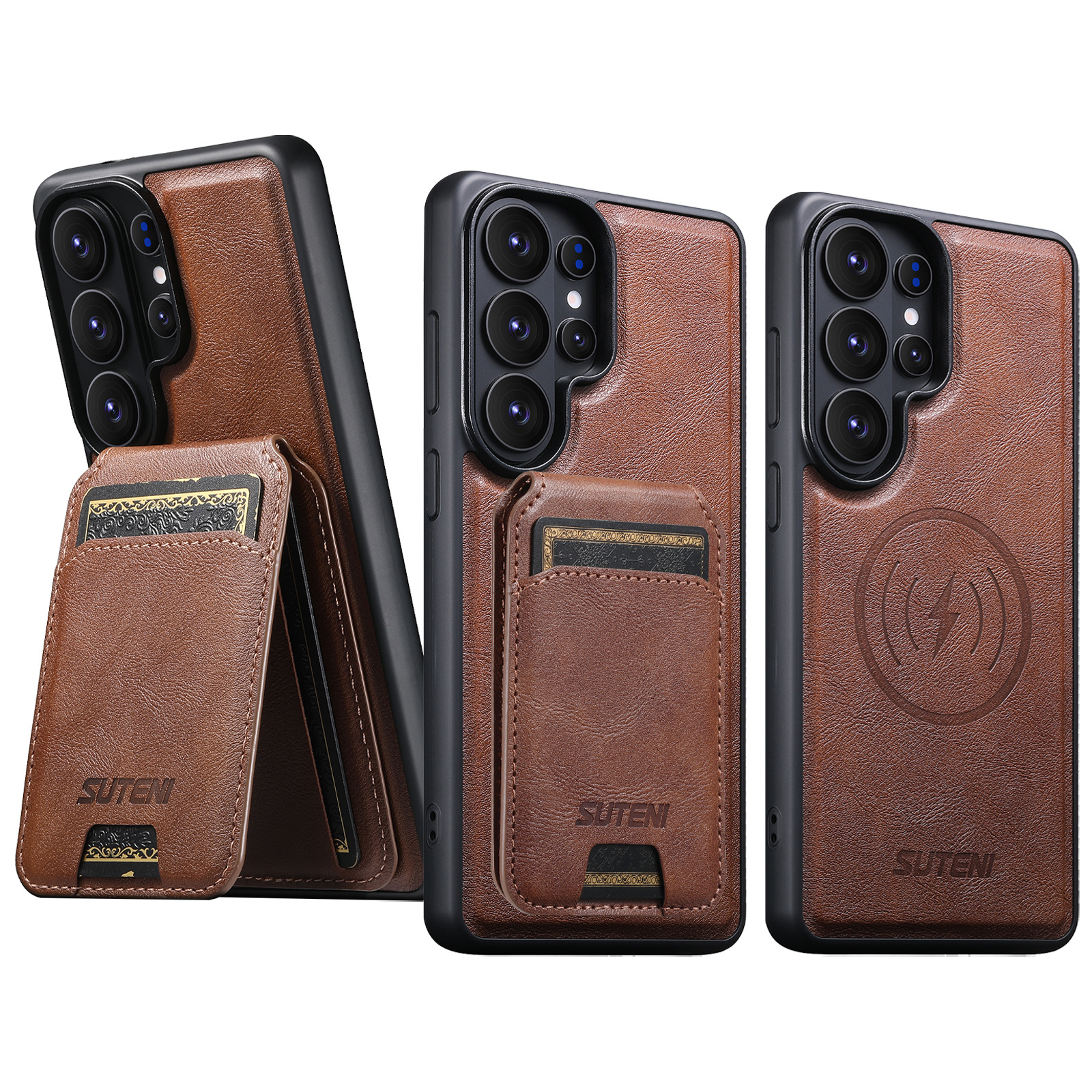 SUTENI M5 Magnet Wireless Charging Faux Leather Phone Case Card Holder Stand For Samsung Galaxy S26 Ultra S25 S24 S23 S22