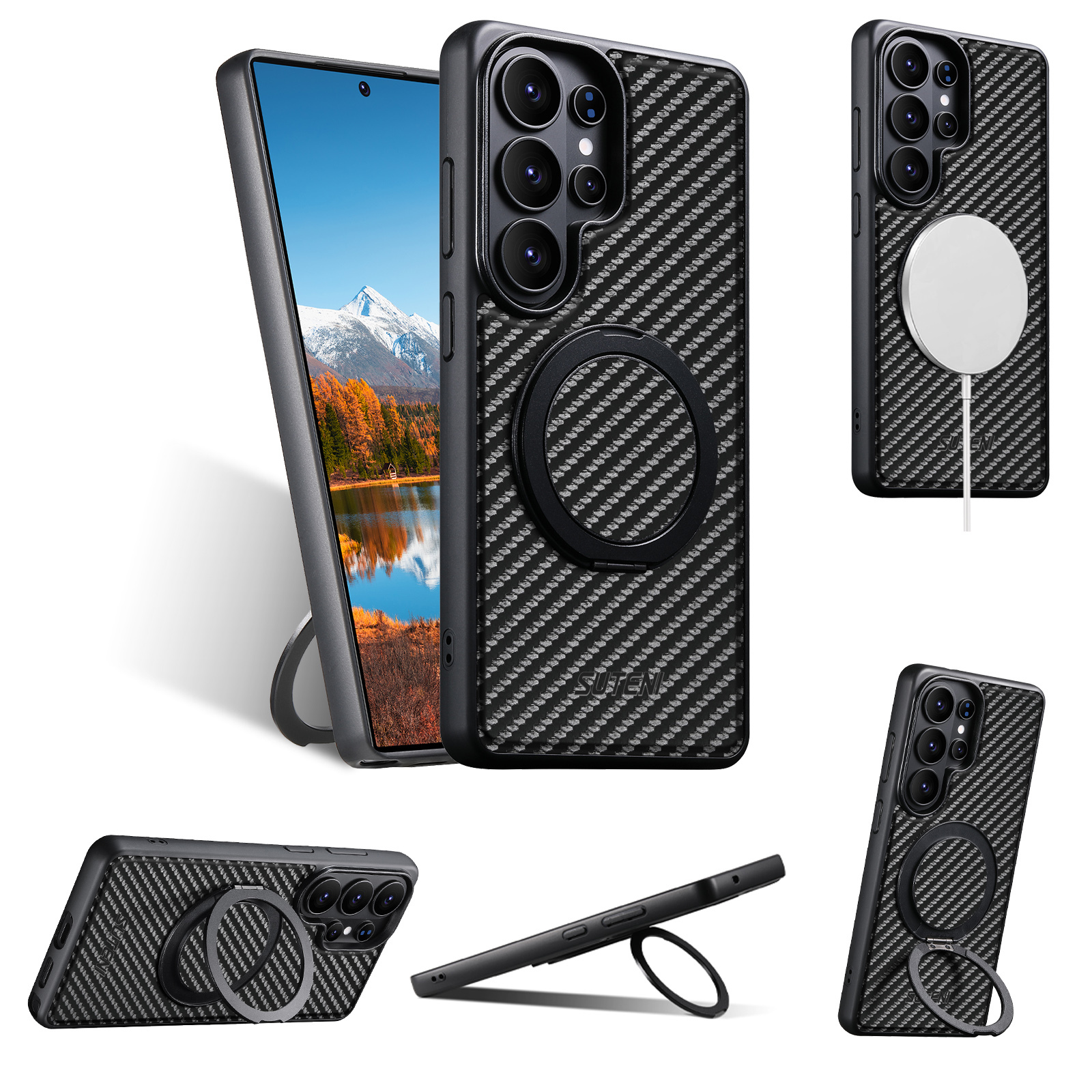 Suteni G3TXW Mobile Phone Case Magnet Wireless Charging 360° Rotating Stand Faux Leather Ring Buckle For Samsung Galaxy S26 Ultra S25 S24 S23 S22