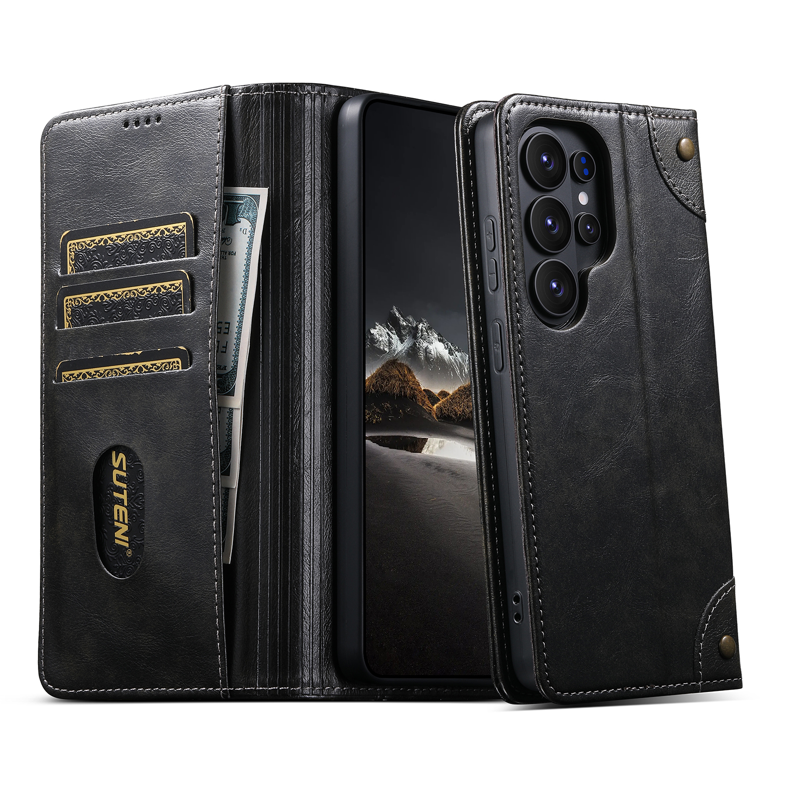 SUTENI BLK Phone Case Faux Leather Card Holder Stand Wallet Magnet Flip Cover For Samsung Galaxy S26 Ultra S25 Plus S24 S23 S22 Note20
